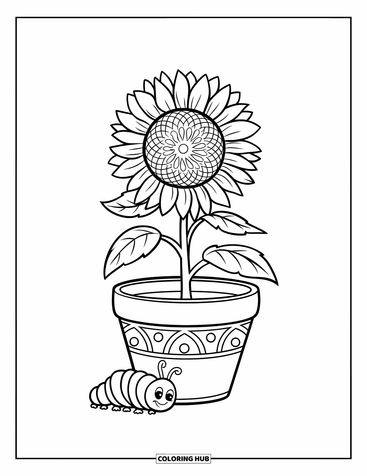 Desen de colorat cu floarea-soarelui pentru copii: O floarea-soarelui strălucitoare într-un ghiveci cu model, cu o omidă curioasă în apropiere
