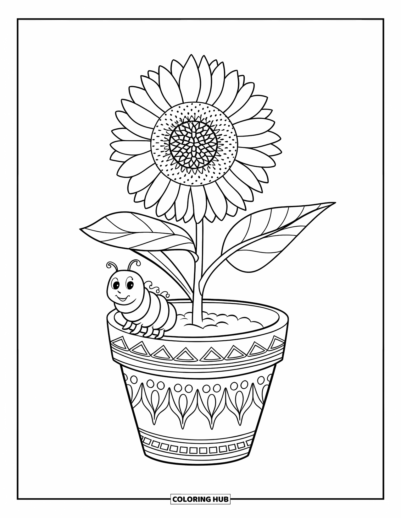 Desen de colorat cu floarea-soarelui pentru copii: O omidă se urcă pe ghiveciul unei floarea-soarelui înflorite, cu detalii complicate