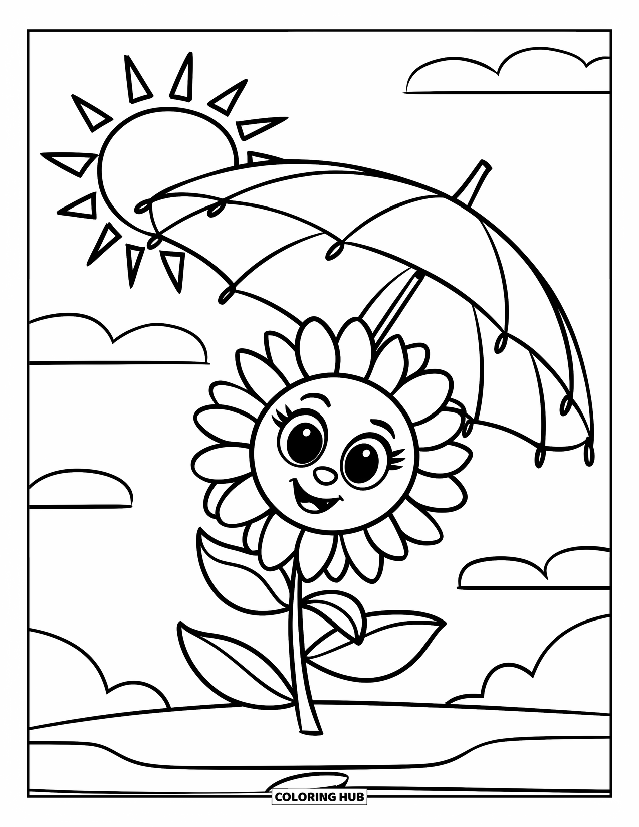 Desen de colorat cu floarea-soarelui pentru copii: O floarea-soarelui veselă ține o umbrelă, protejându-se de soarele strălucitor