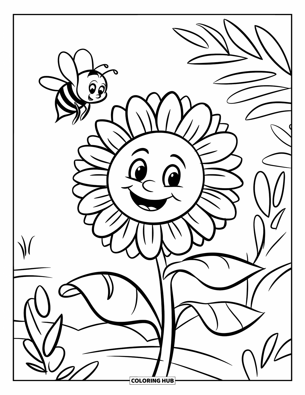 Desen de colorat cu floarea-soarelui pentru copii: O floarea-soarelui veselă pe un tulpină, cu o albină care zboară în apropiere