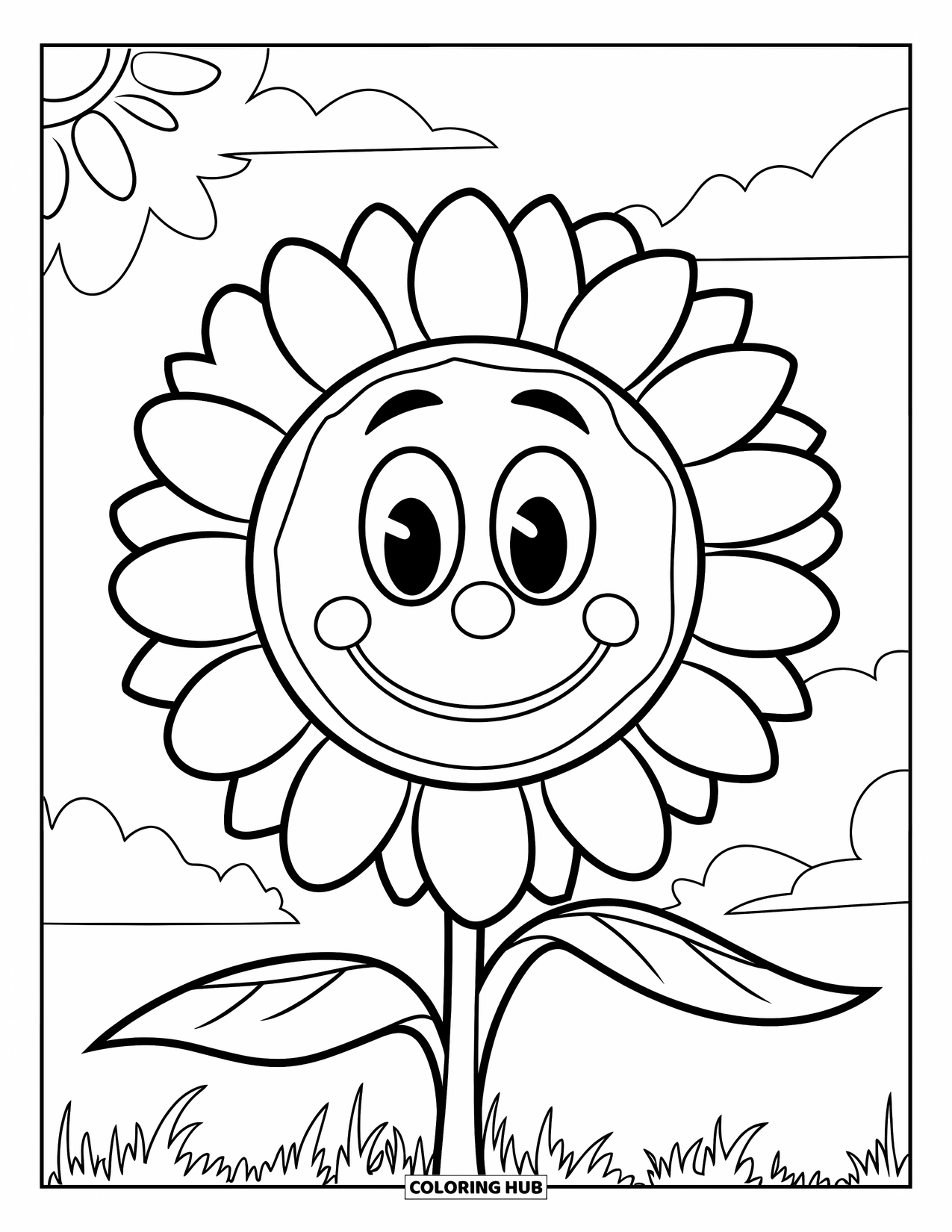 Desen de colorat cu floarea-soarelui pentru copii: O floarea-soarelui veselă cu un zâmbet larg, stând sub un cer strălucitor