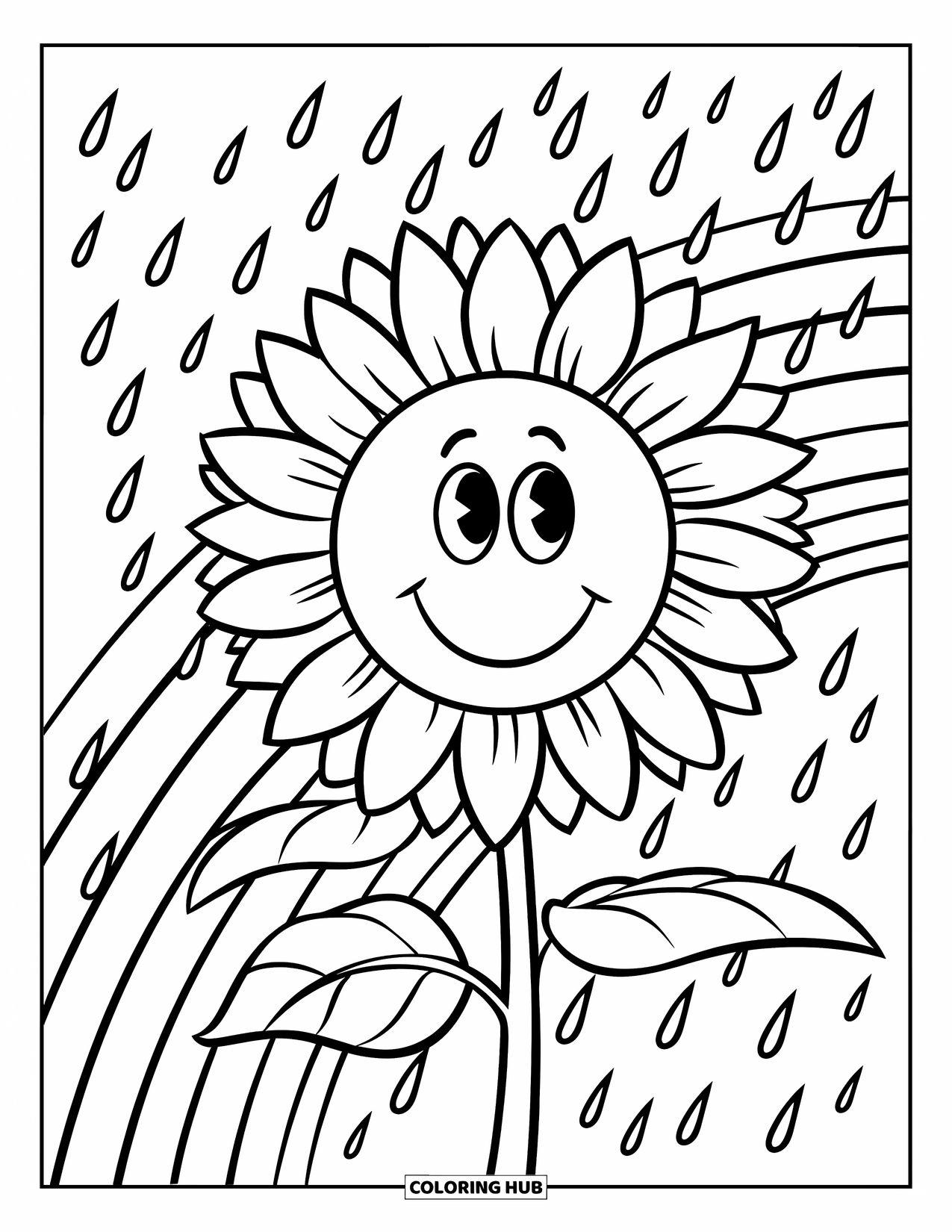 Desen de colorat cu floarea-soarelui pentru copii: O floarea-soarelui veselă cu picături ușoare de ploaie și un curcubeu arcuit în spate