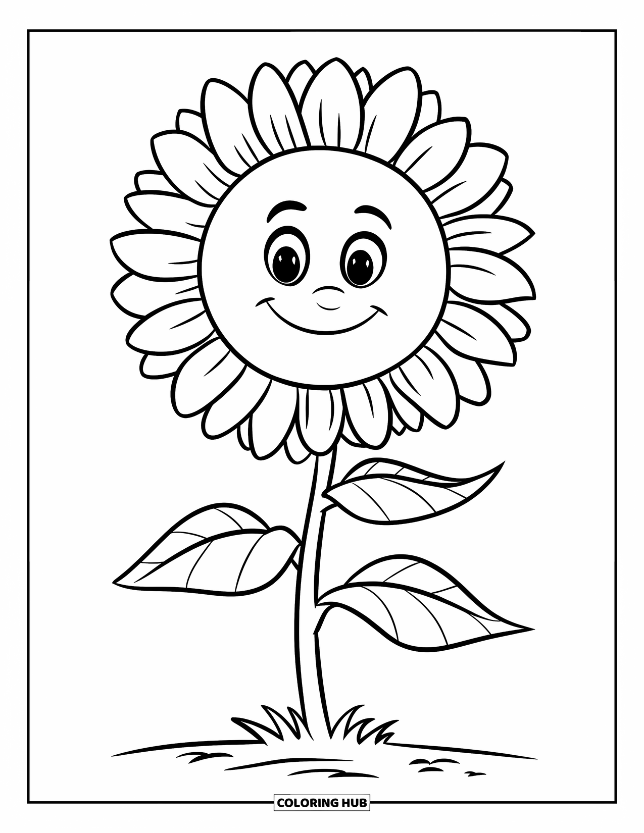 Desen de colorat cu floarea-soarelui pentru copii: O floarea-soarelui veselă cu două frunze mari, stând dreaptă și gata de colorat