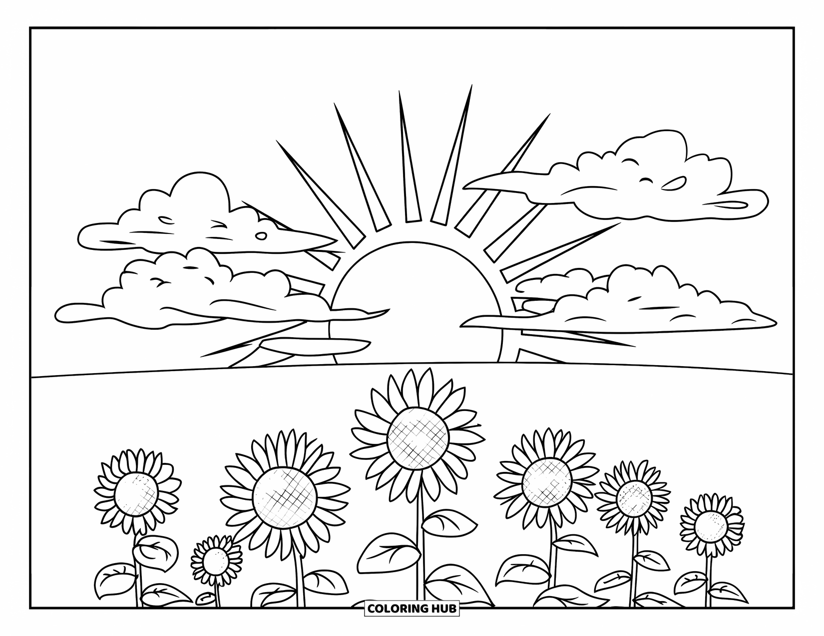 Desen de colorat cu floarea-soarelui pentru copii: Un borcan de sticlă umplut cu apă și flori de floarea-soarelui înflorite, pe o bază de lemn