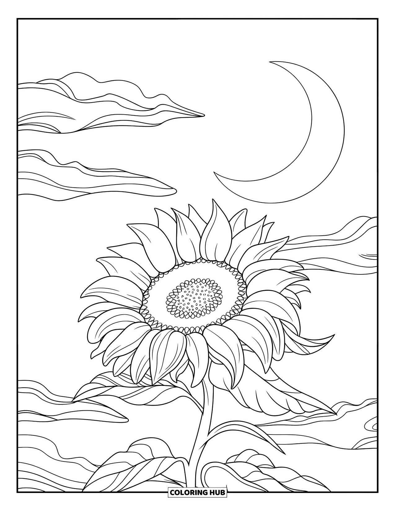 Desen de colorat cu floarea-soarelui pentru copii: O floarea-soarelui strălucitoare cu nori rotitori și o lună semilună deasupra