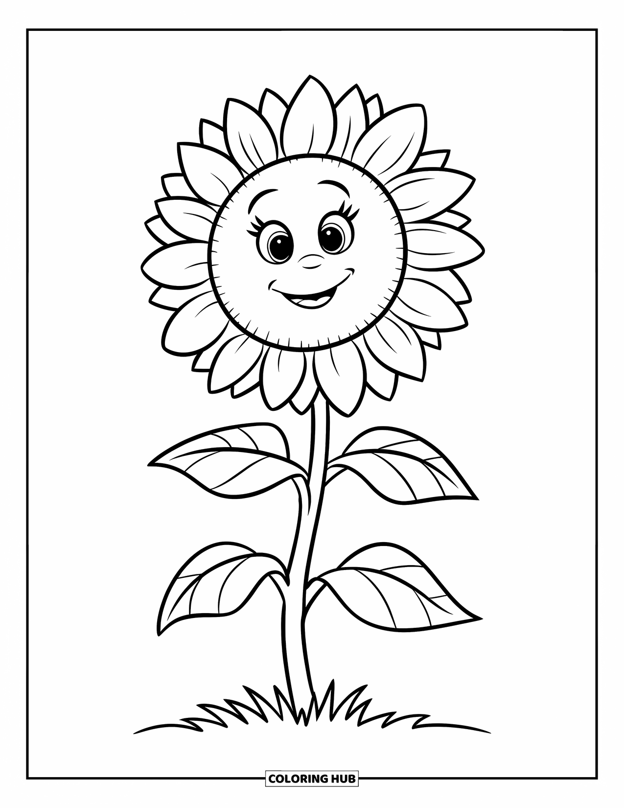 Desen de colorat cu floarea-soarelui pentru copii: O floarea-soarelui veselă cu două frunze mari, așezată pe un fundal simplu