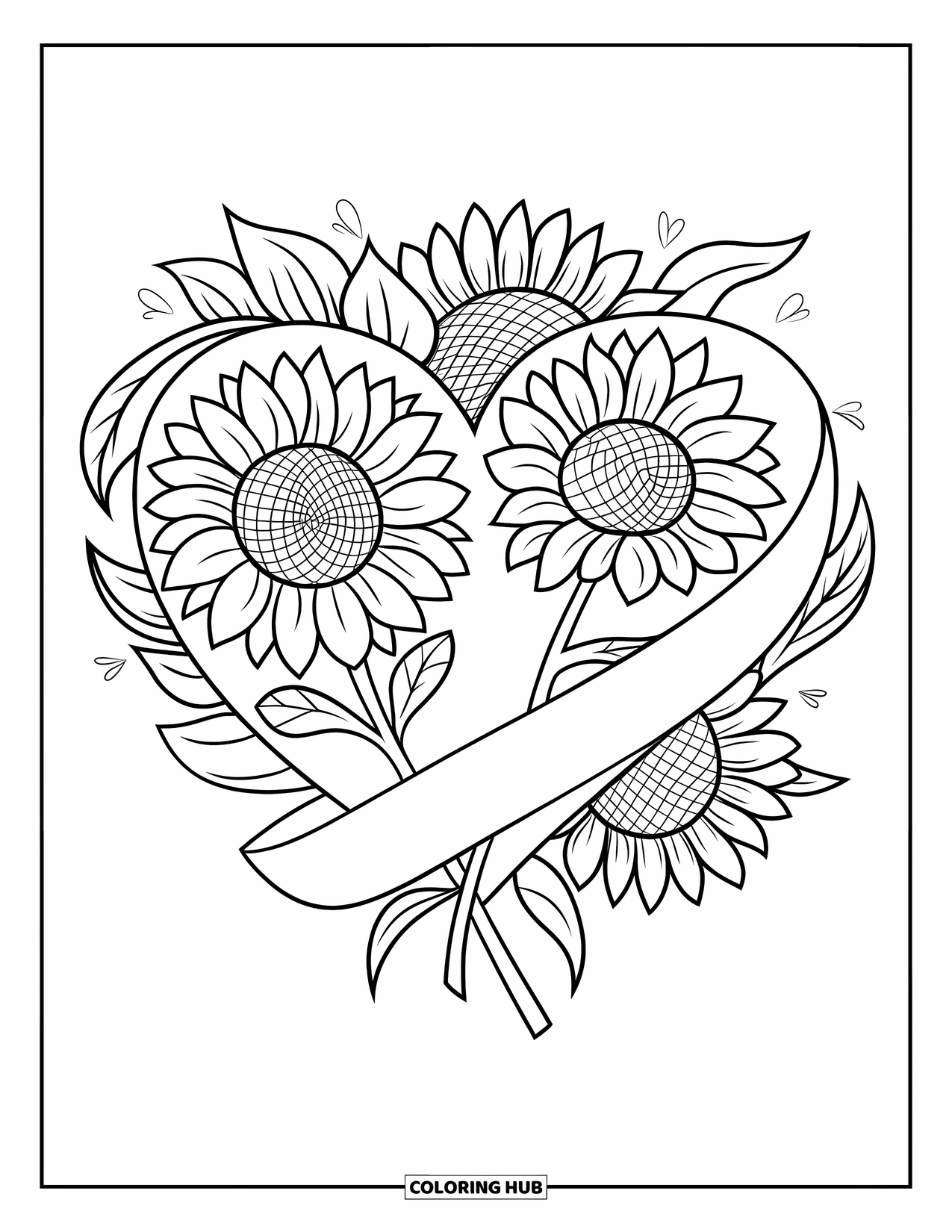 Desen de colorat cu floarea-soarelui pentru copii: O formă de inimă formată din flori-soarelui și o panglică înfășurată în jurul tulpinilor