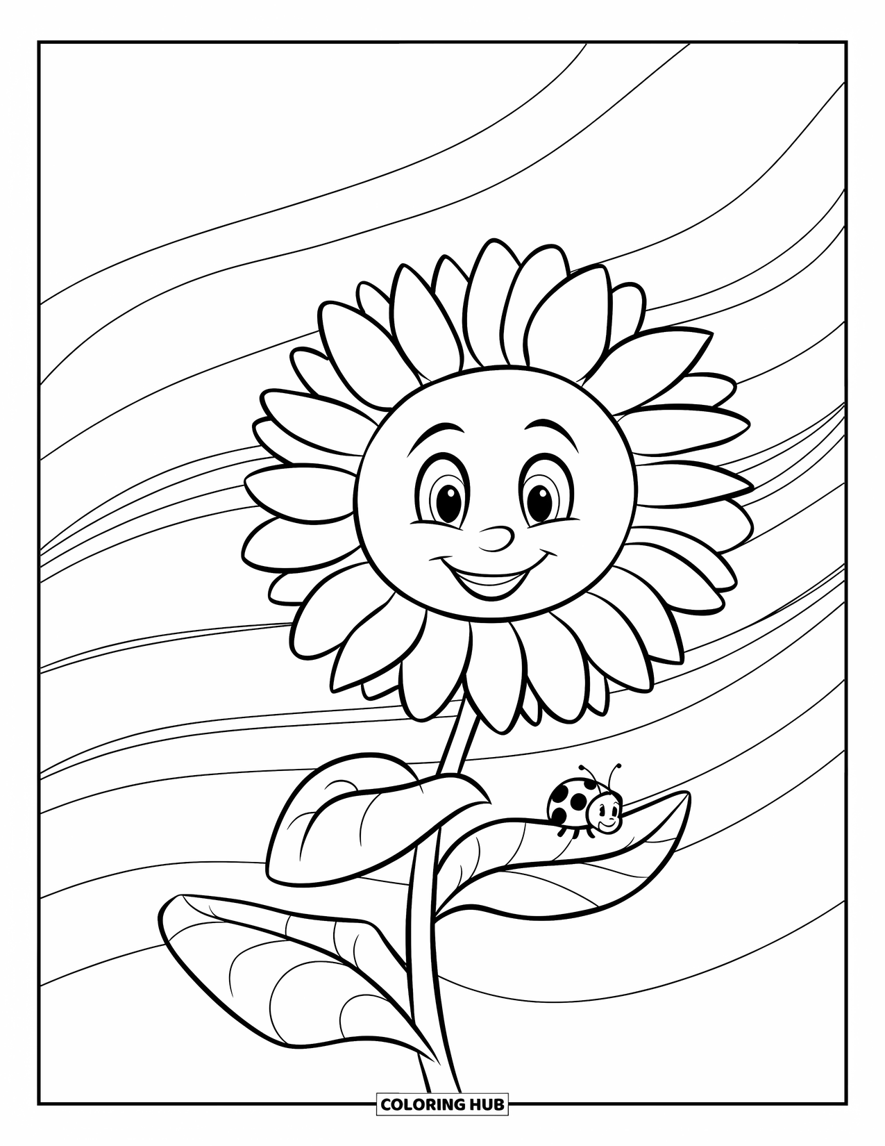 Desen de colorat cu floarea-soarelui pentru copii: O buburuză se târăște pe tulpina unei floarea-soarelui, în timp ce brizele moi se rotesc în fundal