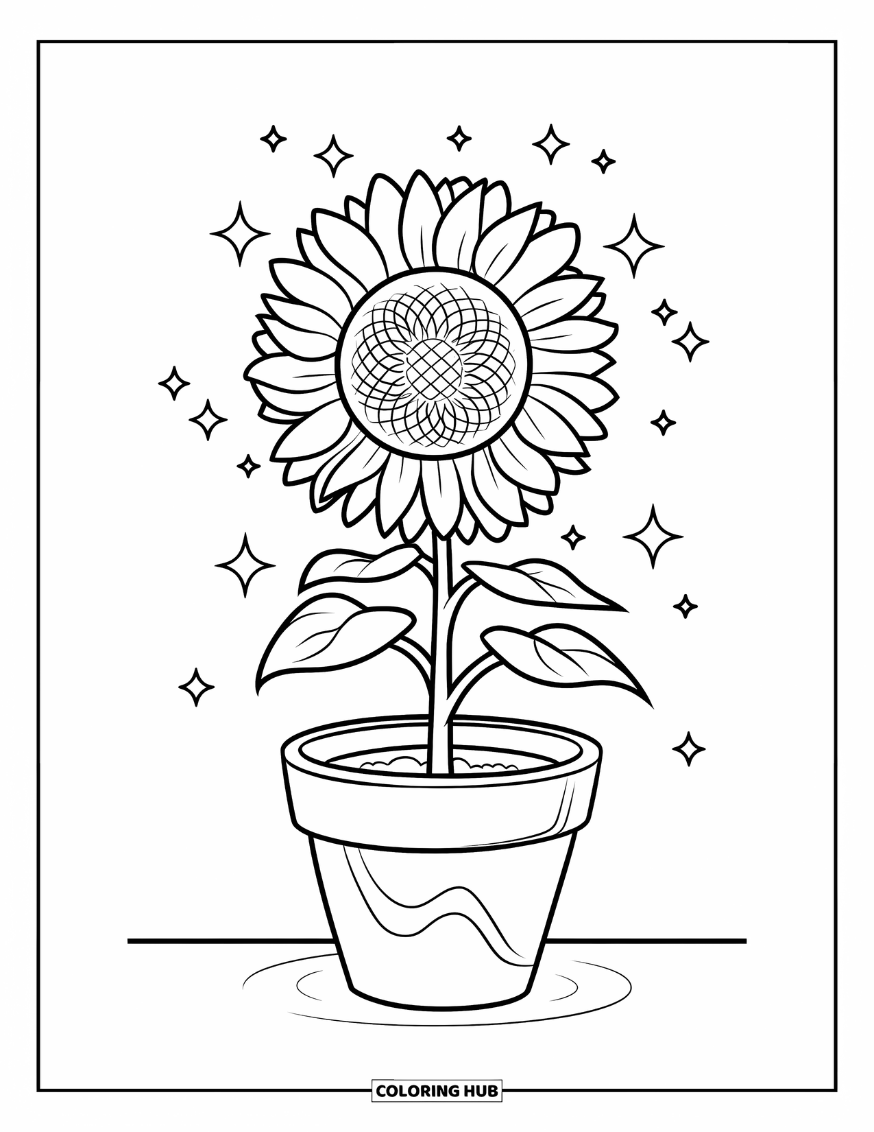 Desen de colorat cu floarea-soarelui pentru copii: O floarea-soarelui mare cu frunze detaliate și o albină care zboară în apropiere