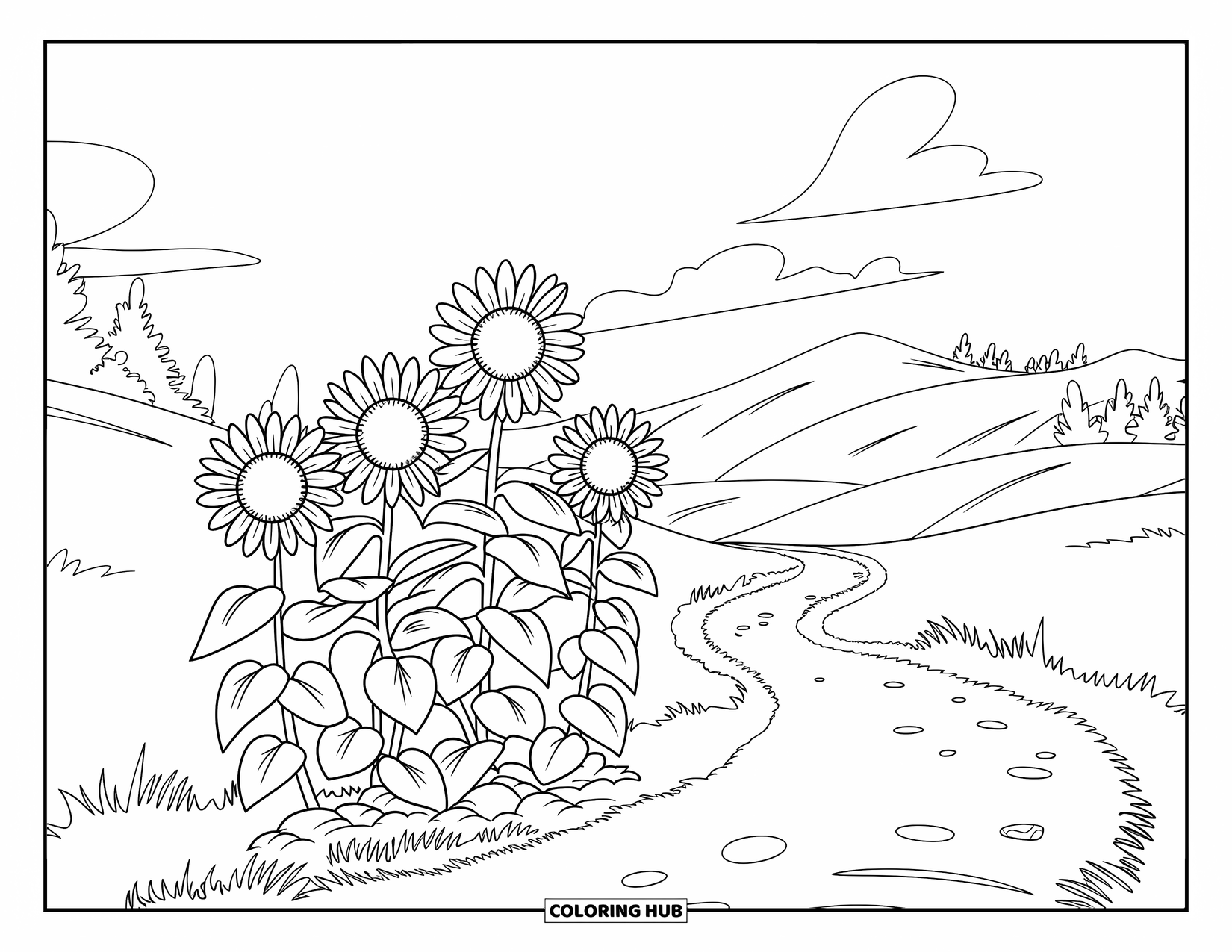 Desen de colorat cu floarea-soarelui pentru copii: Un peisaj liniștit cu flori-soarelui de-a lungul unei căi întortocheate și dealuri îndepărtate