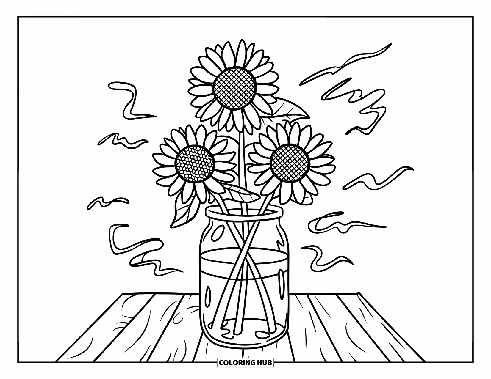 Desen de colorat cu floarea-soarelui pentru copii: O floarea-soarelui în ghiveci, înconjurată de stele mici și sclipici pentru un efect de vis