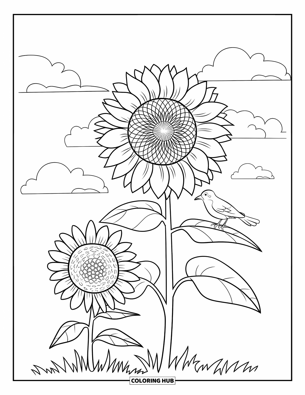 Desen de colorat cu floarea-soarelui pentru copii: O floarea-soarelui în ghiveci cu un model și o mică omidă în apropiere