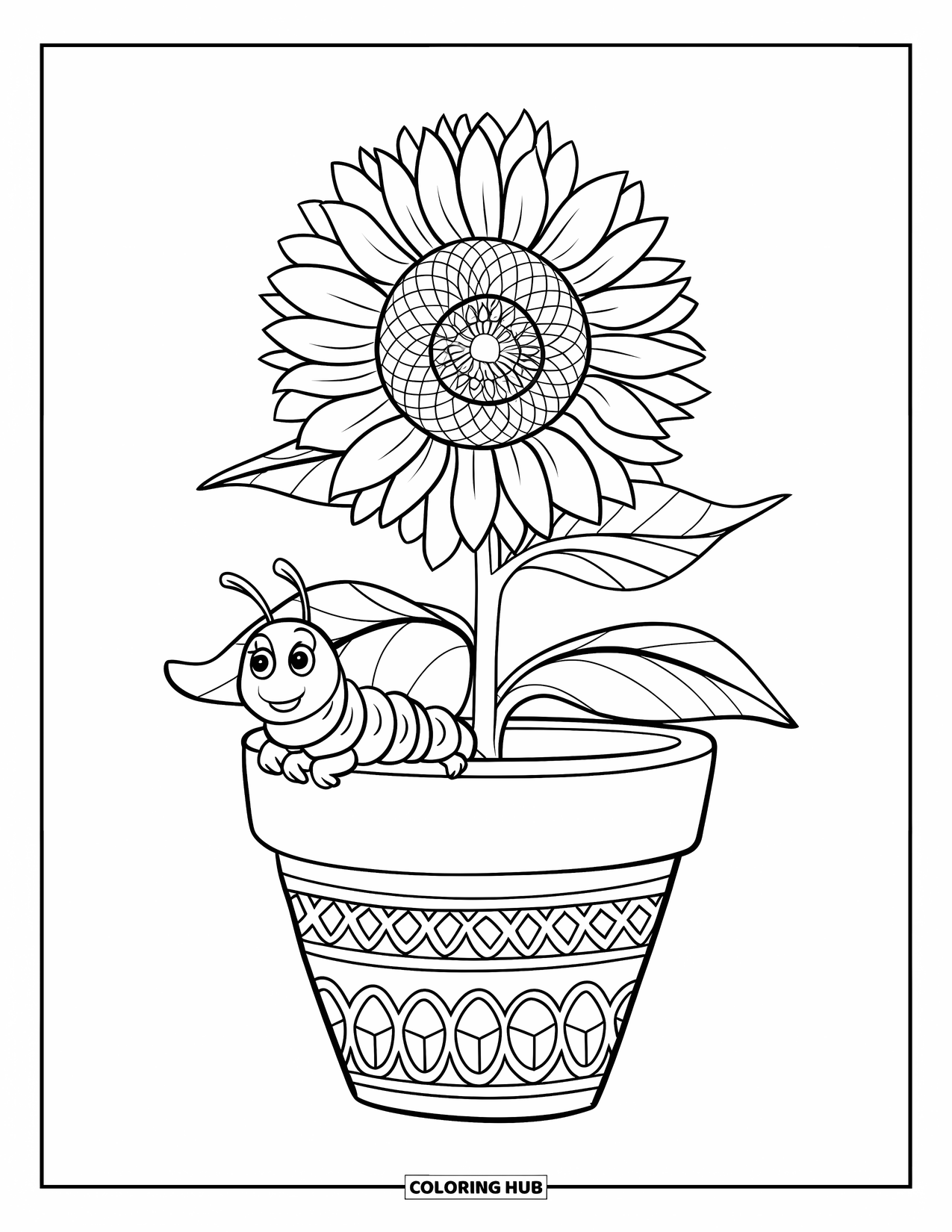 Desen de colorat cu floarea-soarelui pentru copii: O floarea-soarelui în ghiveci cu un model și o mică omidă în apropiere
