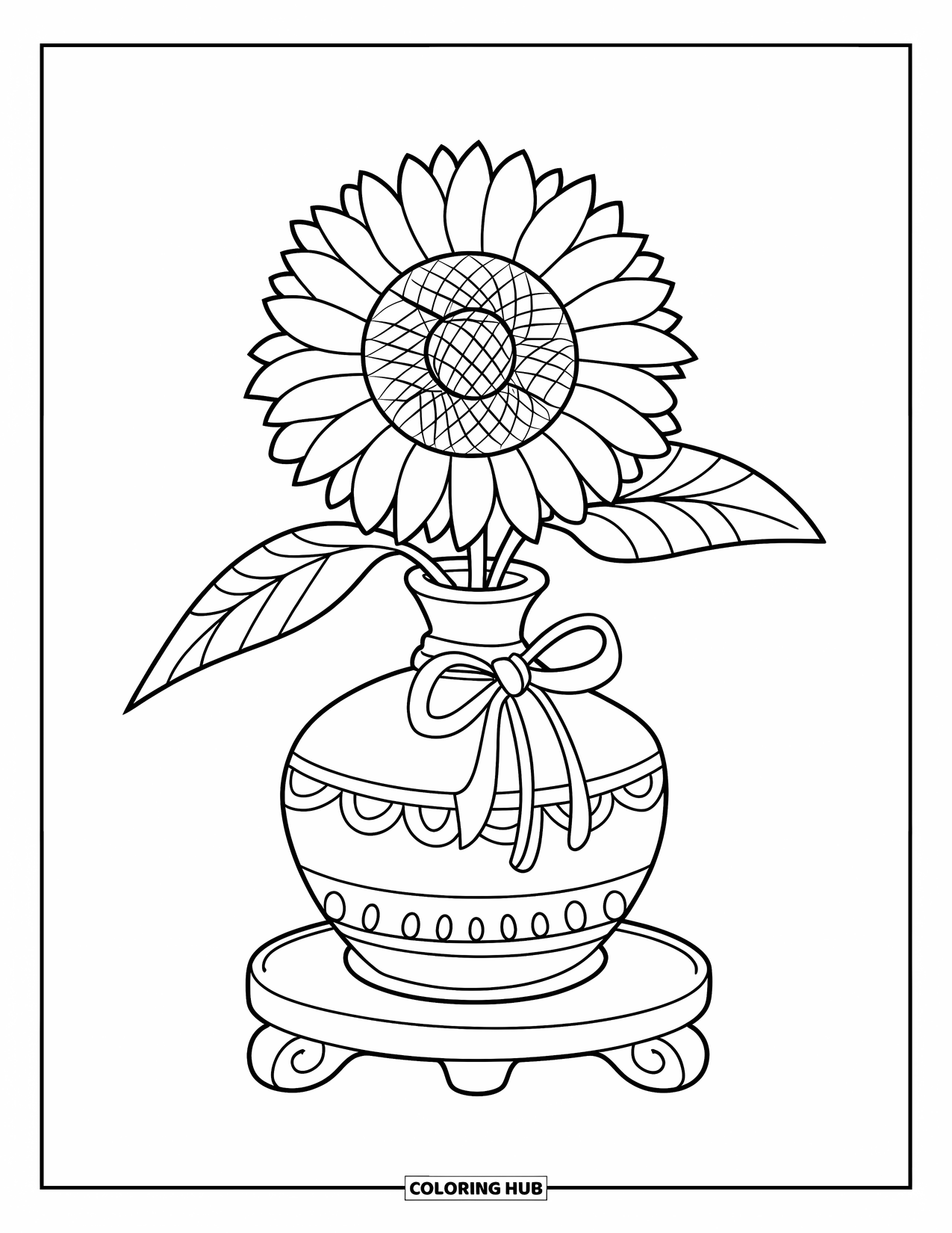 Desen de colorat cu floarea-soarelui pentru copii: O vază legată cu panglică susține o floarea-soarelui înflorită, cu câteva frunze răspândite în apropiere