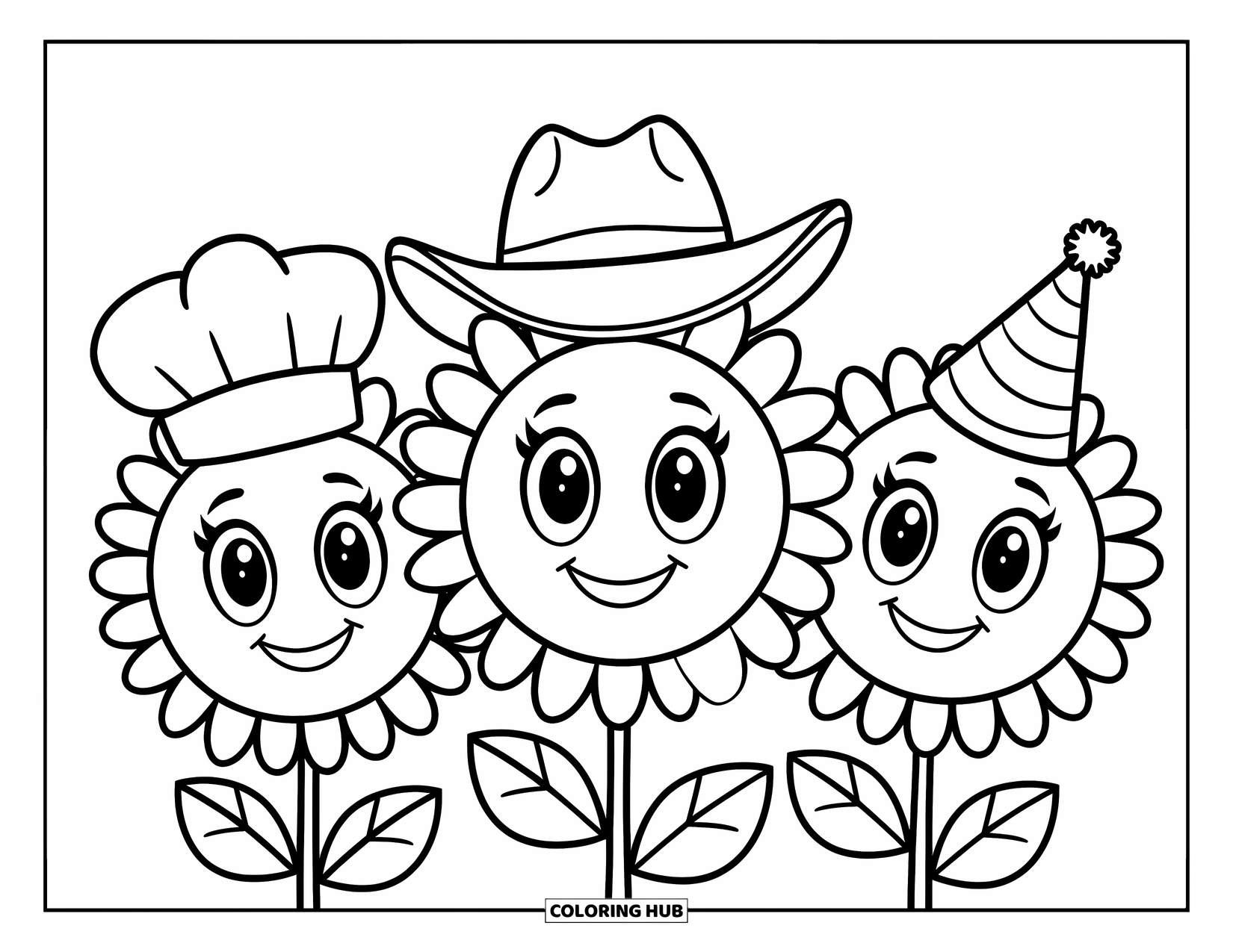 Desen de colorat cu floarea-soarelui pentru copii: Un rând de flori-soarelui zâmbitoare, fiecare purtând o pălărie unică