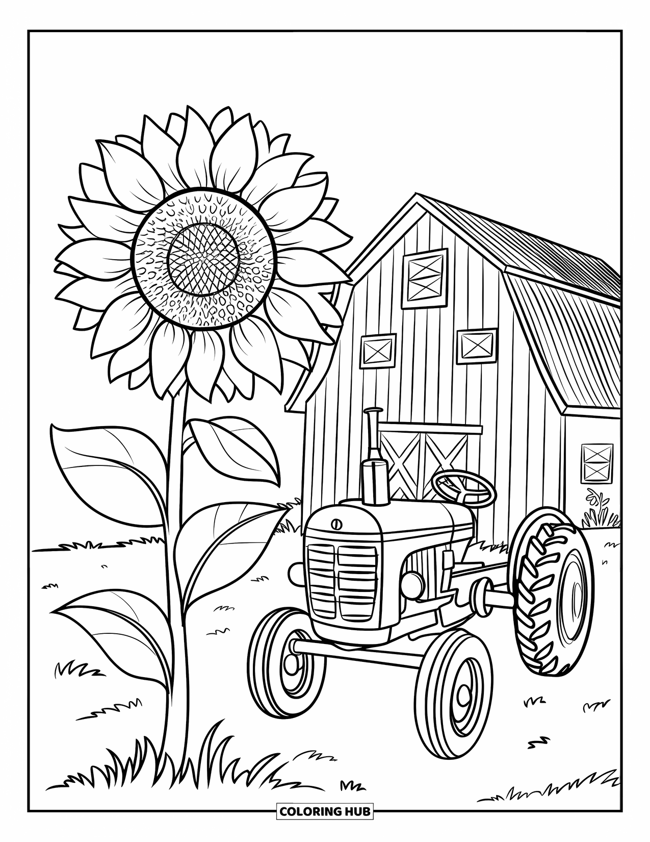 Desen de colorat cu floarea-soarelui pentru copii: Un hambar rustic și un tractor se află în fundalul unui câmp plin cu flori de floarea-soarelui