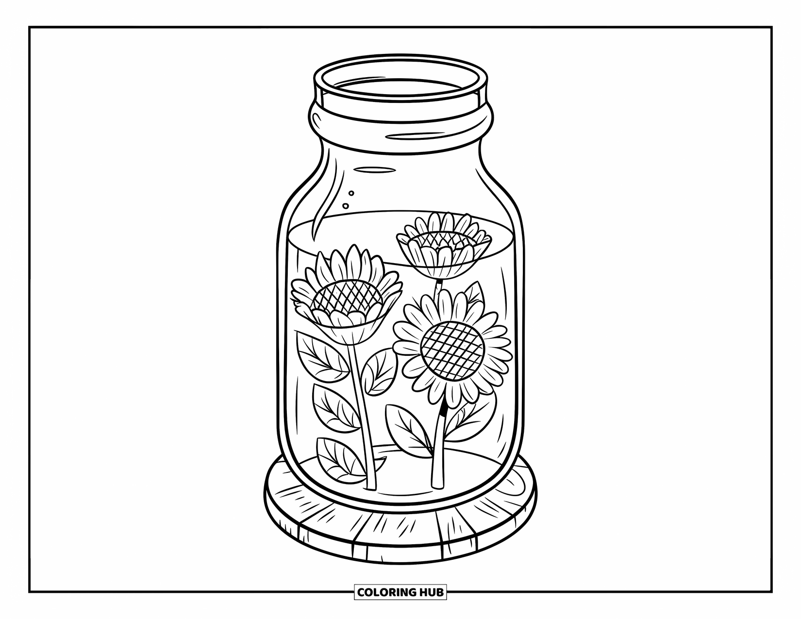 Desen de colorat cu floarea-soarelui pentru copii: Un borcan de sticlă rustic susține flori proaspete de floarea-soarelui, așezate pe o suprafață simplă