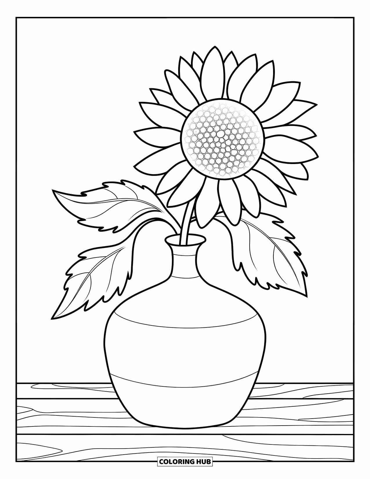 Desen de colorat cu floarea-soarelui pentru copii: O vază simplă care ține o floarea-soarelui cu două frunze, așezată pe o suprafață de lemn