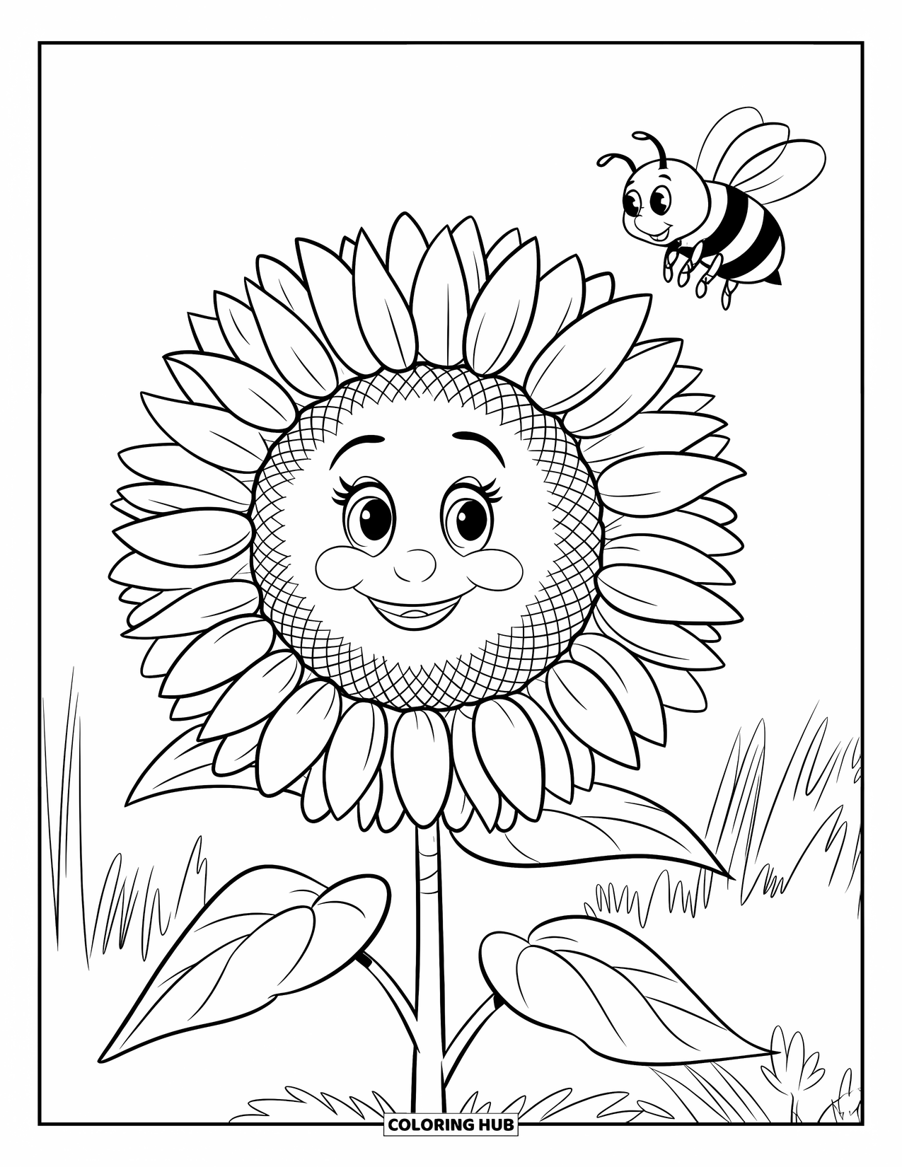 Desen de colorat cu floarea-soarelui pentru copii: O floarea-soarelui zâmbitoare cu o albină bâzâind lângă ea, pe un fundal simplu