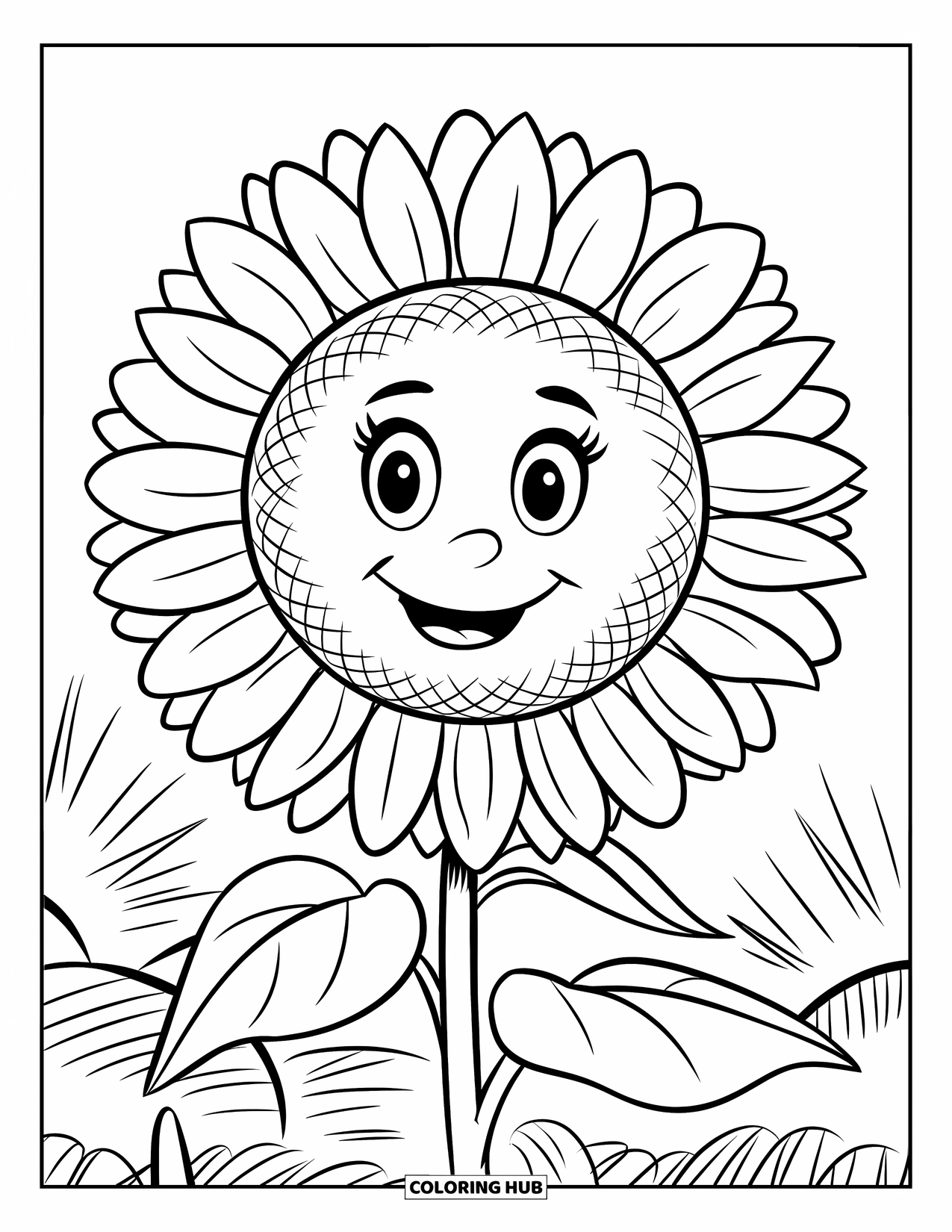 Desen de colorat cu floarea-soarelui pentru copii: O floarea-soarelui zâmbitoare cu o expresie strălucitoare, pe un fundal clar