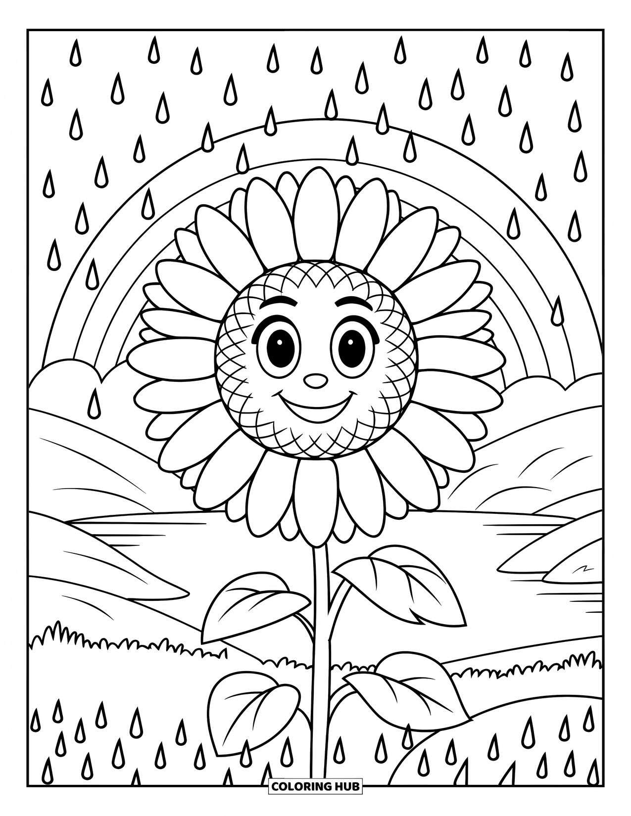 Desen de colorat cu floarea-soarelui pentru copii: O floarea-soarelui zâmbitoare cu picături de ploaie și un curcubeu în fundal