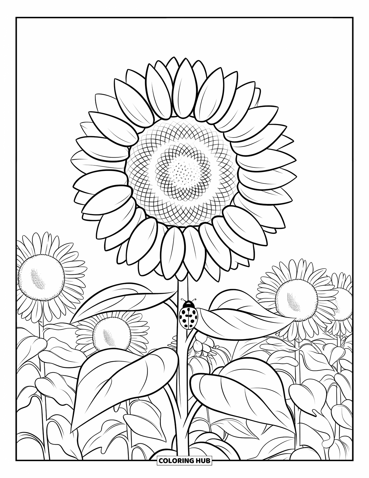 Desen de colorat cu floarea-soarelui pentru copii: O floarea-soarelui se apleacă ușor în vânt, cu o buburuză așezată pe tulpina sa