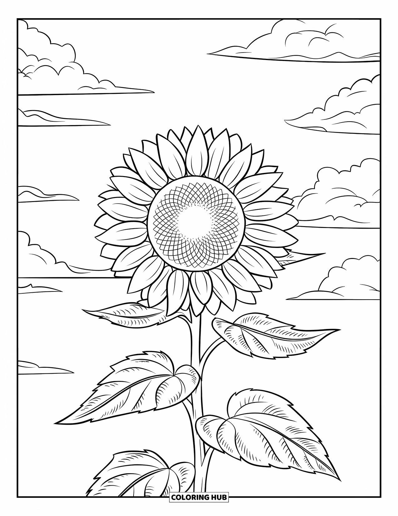 Desen de colorat cu floarea-soarelui pentru copii: Un câmp de flori-soarelui cu un soare zâmbitor și nori în formă de animale
