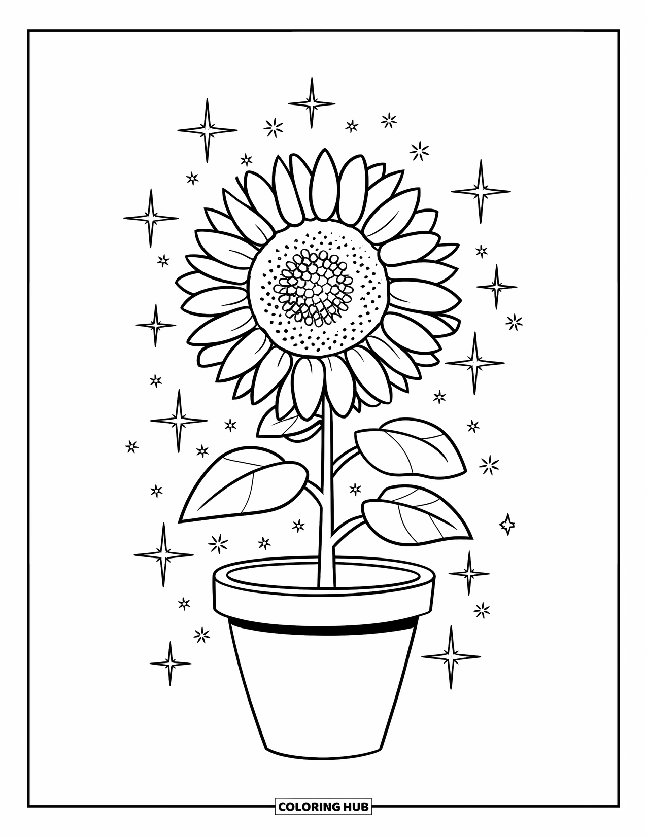 Desen de colorat cu floarea-soarelui pentru copii: O floarea-soarelui într-un ghiveci, strălucind cu sclipici și stele mici în jurul ei
