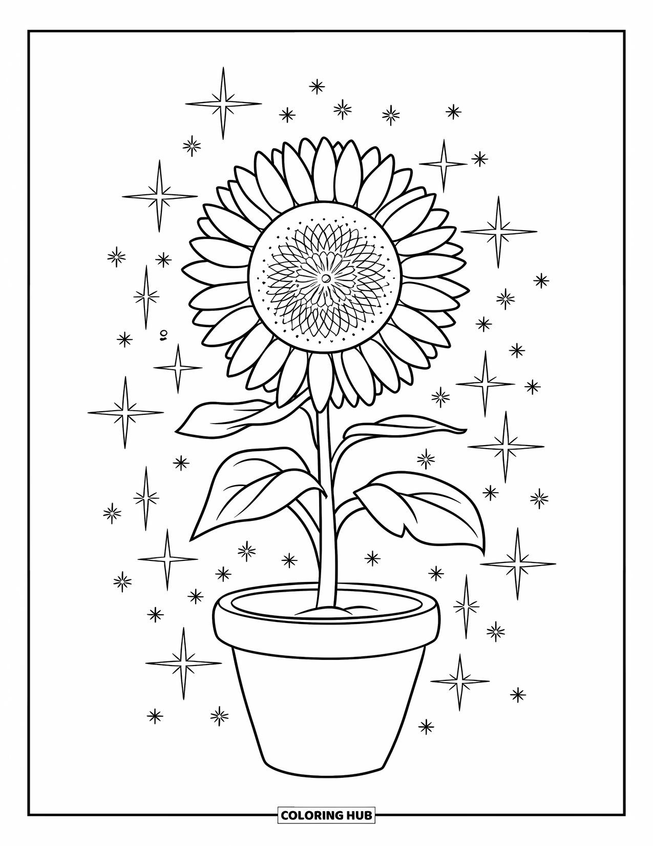 Desen de colorat cu floarea-soarelui pentru copii: O floarea-soarelui într-un ghiveci, cu mici stele și sclipici plutind în jurul ei