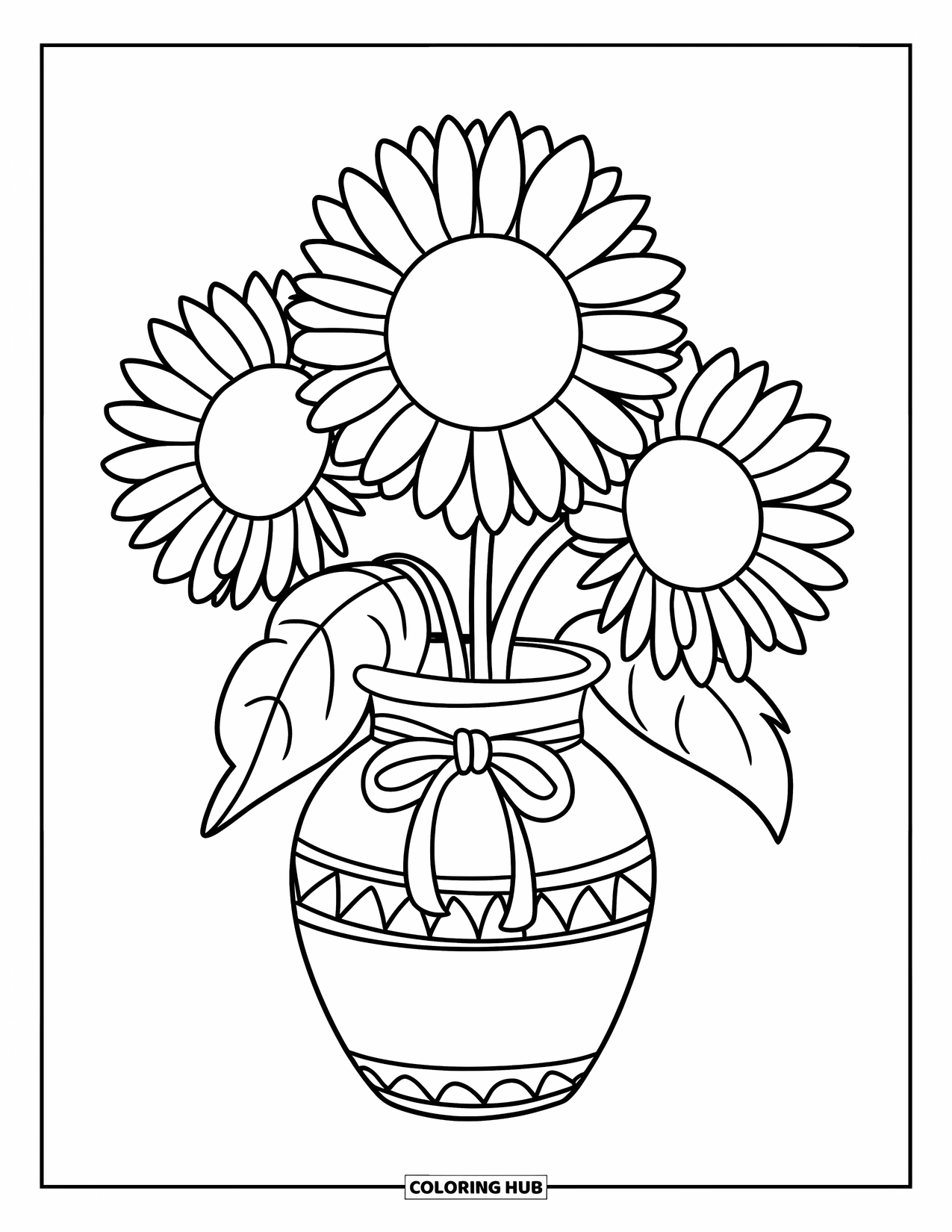 Desen de colorat cu floarea-soarelui pentru copii: O floarea-soarelui într-o vază cu un model decorativ și o panglică legată în jurul ei