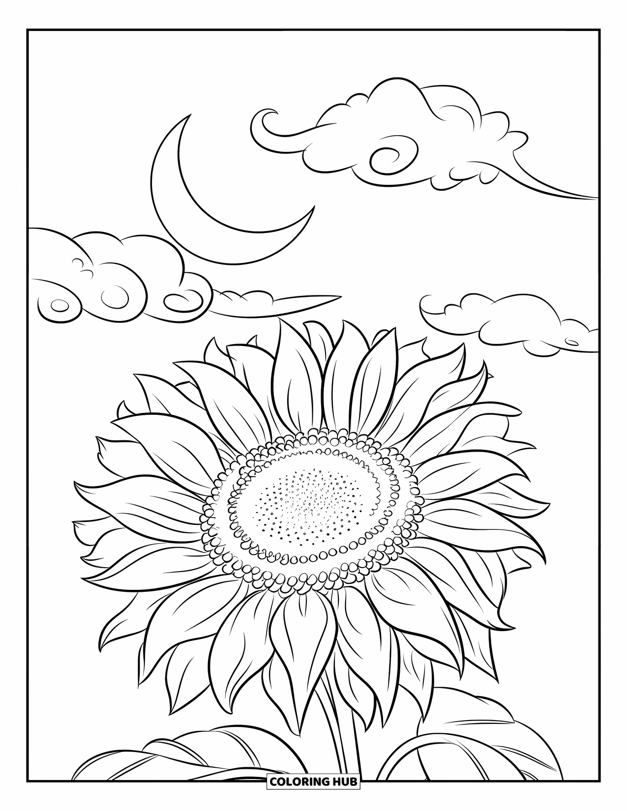 Desen de colorat cu floarea-soarelui pentru copii: O floarea-soarelui stă sub o lună semilună, înconjurată de nori moi și plutitori