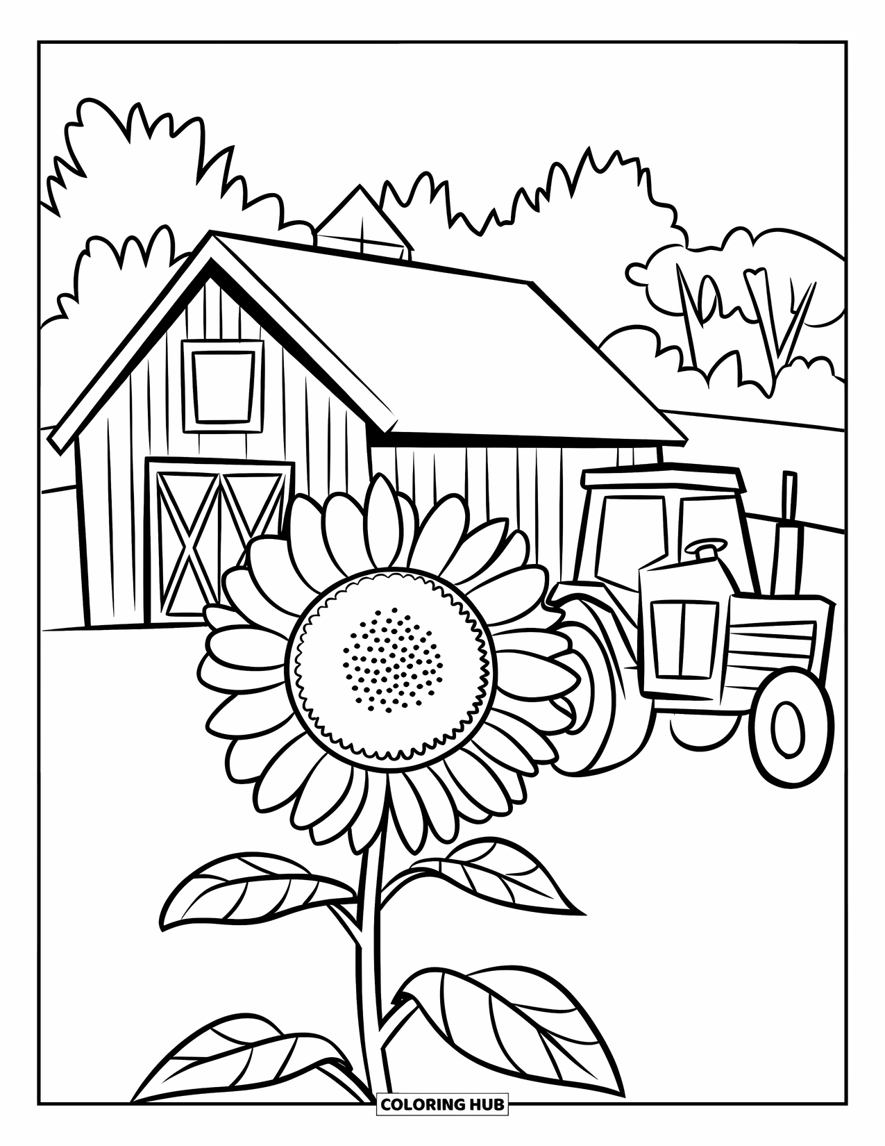 Desen de colorat cu floarea-soarelui pentru copii: O floarea-soarelui stă dreaptă în fața unui hambar cu un tractor în apropiere
