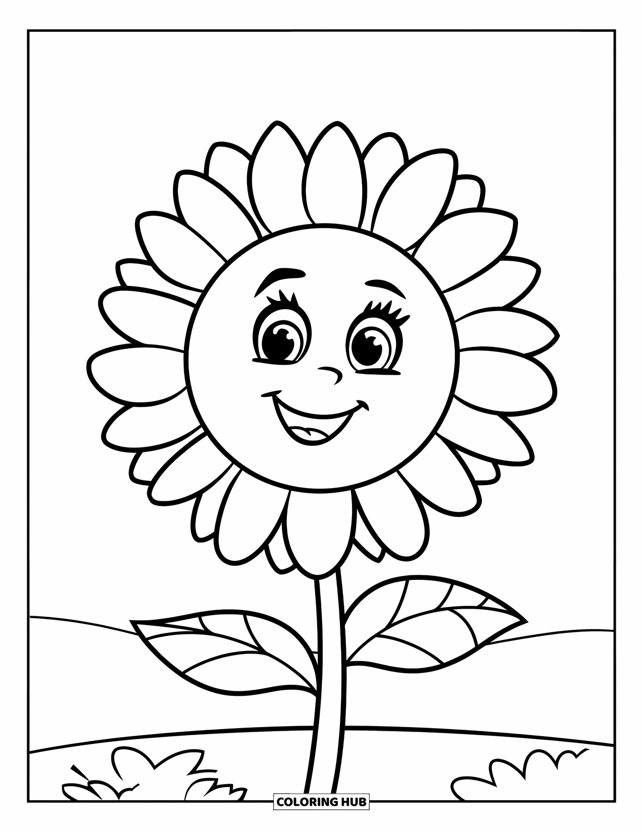 Desen de colorat cu floarea-soarelui pentru copii: O floarea-soarelui cu fața fericită, stând sub un cer însorit