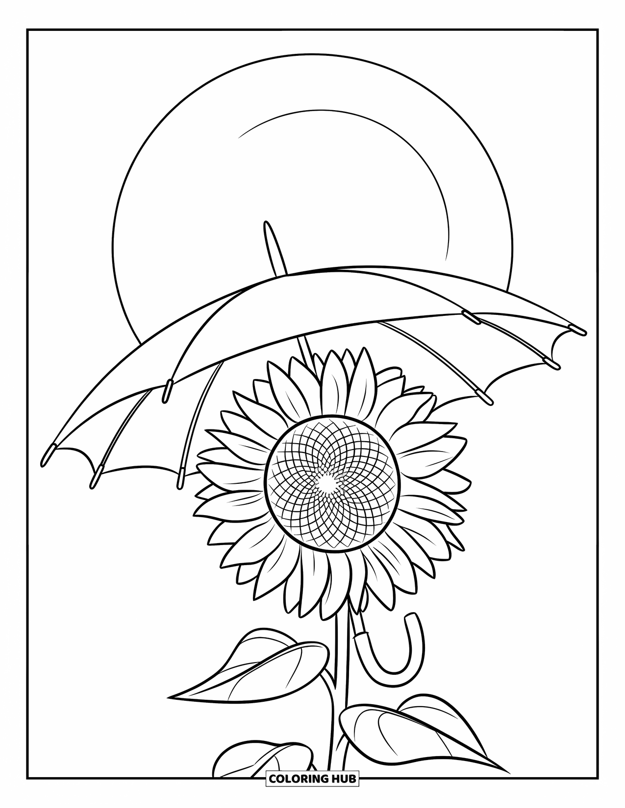 Desen de colorat cu floarea-soarelui pentru copii: O floarea-soarelui cu un cap mare și rotund ține o umbrelă sub cerul însorit