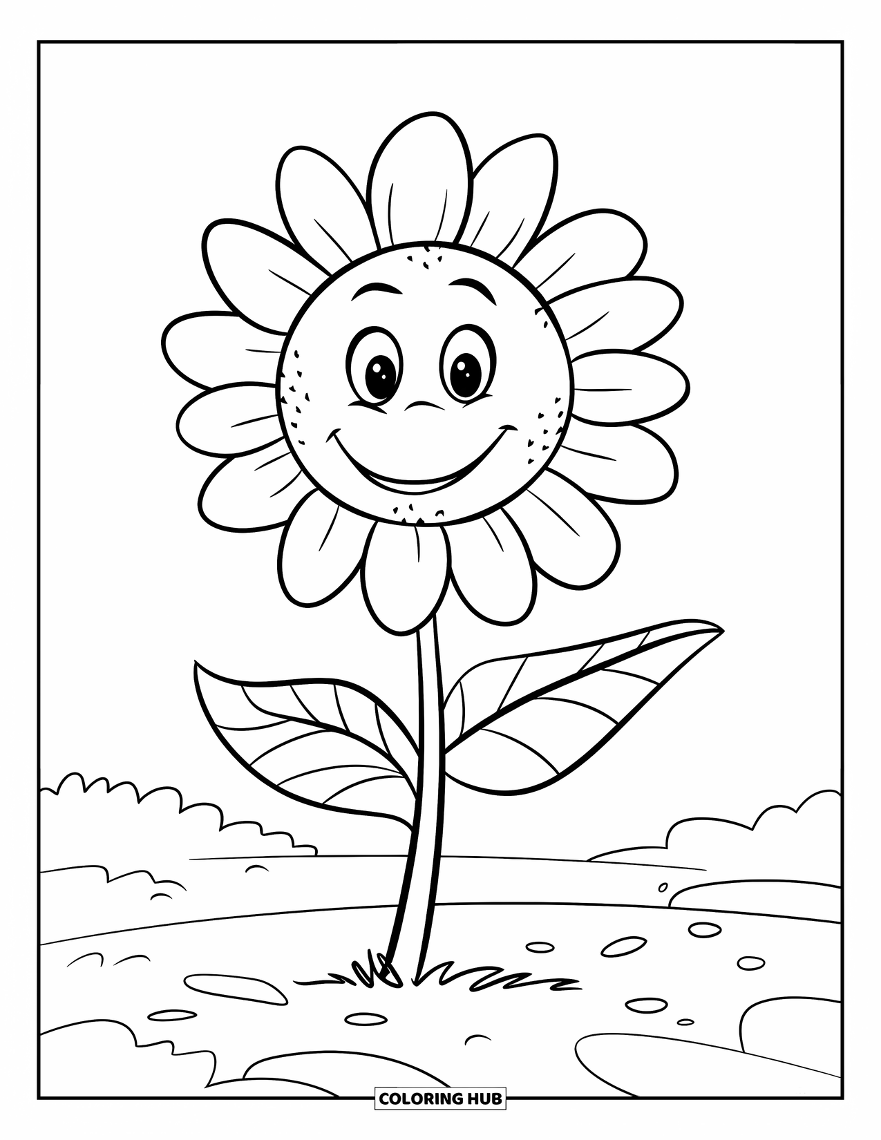 Desen de colorat cu floarea-soarelui pentru copii: O floarea-soarelui cu petale strălucitoare și îngroșate, stând dreaptă cu o expresie veselă