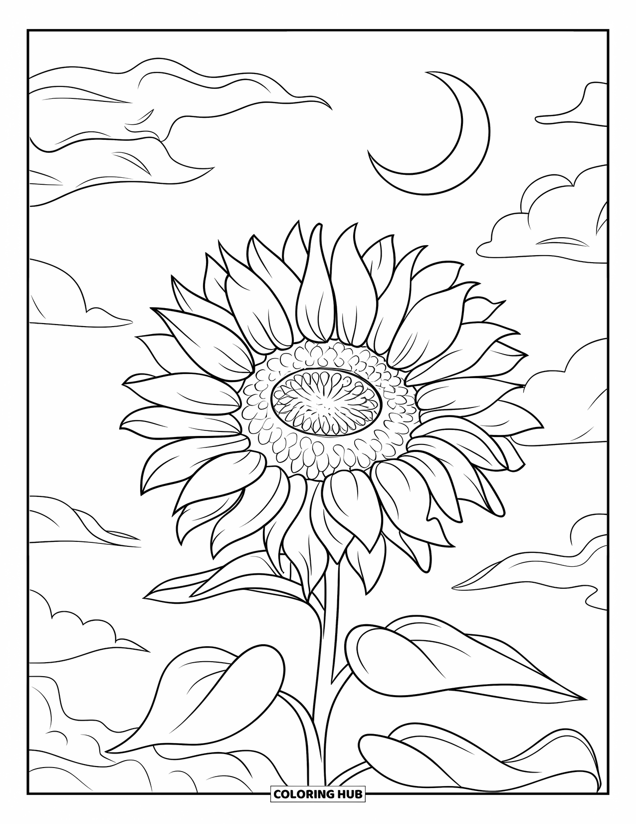 Desen de colorat cu floarea-soarelui pentru copii: O floarea-soarelui cu petale încolăcite, nori moi și rotitori și o lună semilună