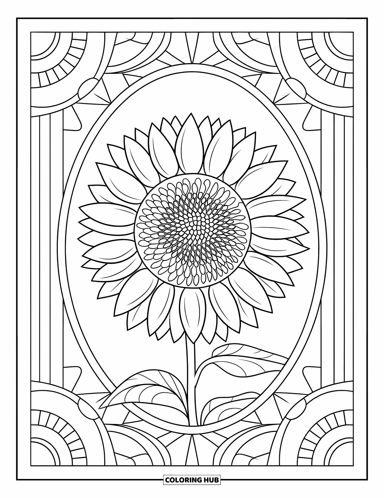 Desen de colorat cu floarea-soarelui pentru copii: O floarea-soarelui cu contururi clare și un centru detaliat, înconjurată de modele