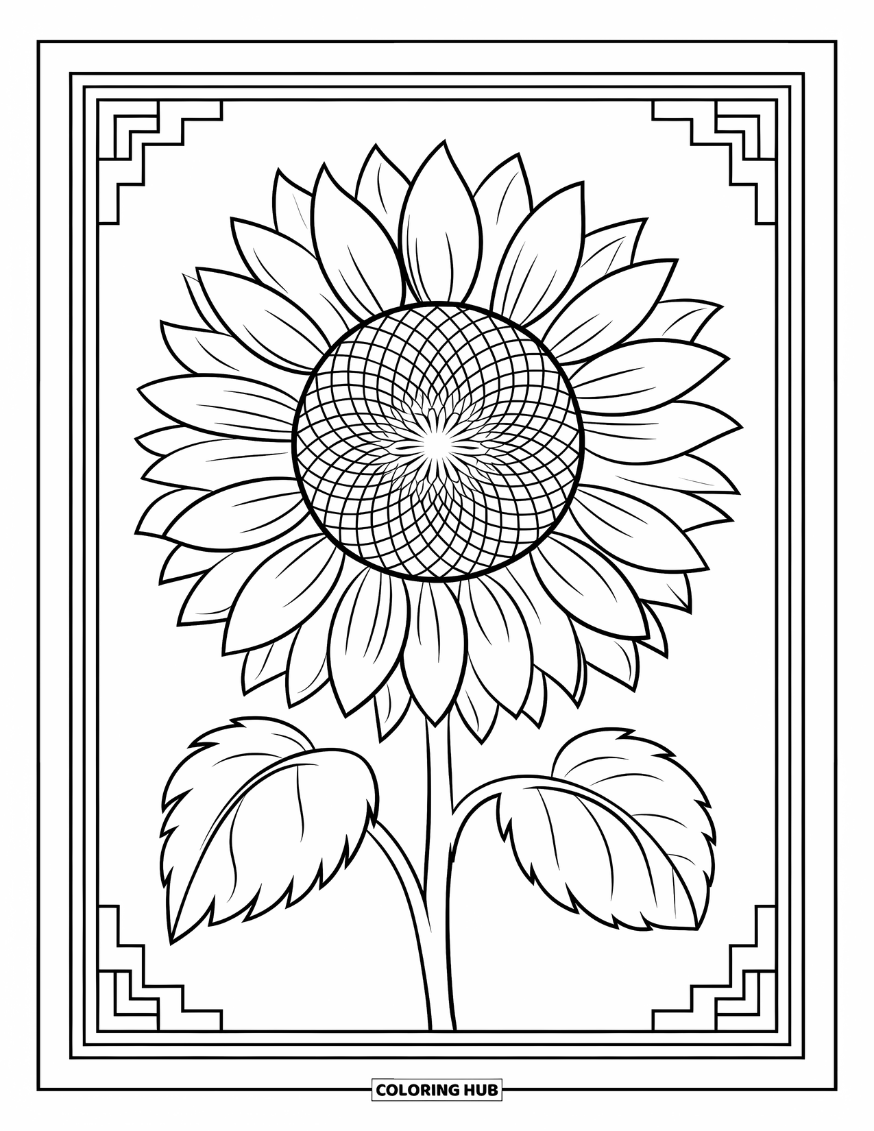 Desen de colorat cu floarea-soarelui pentru copii: O floarea-soarelui cu semințe vizibile în centru, înconjurată de modele geometrice
