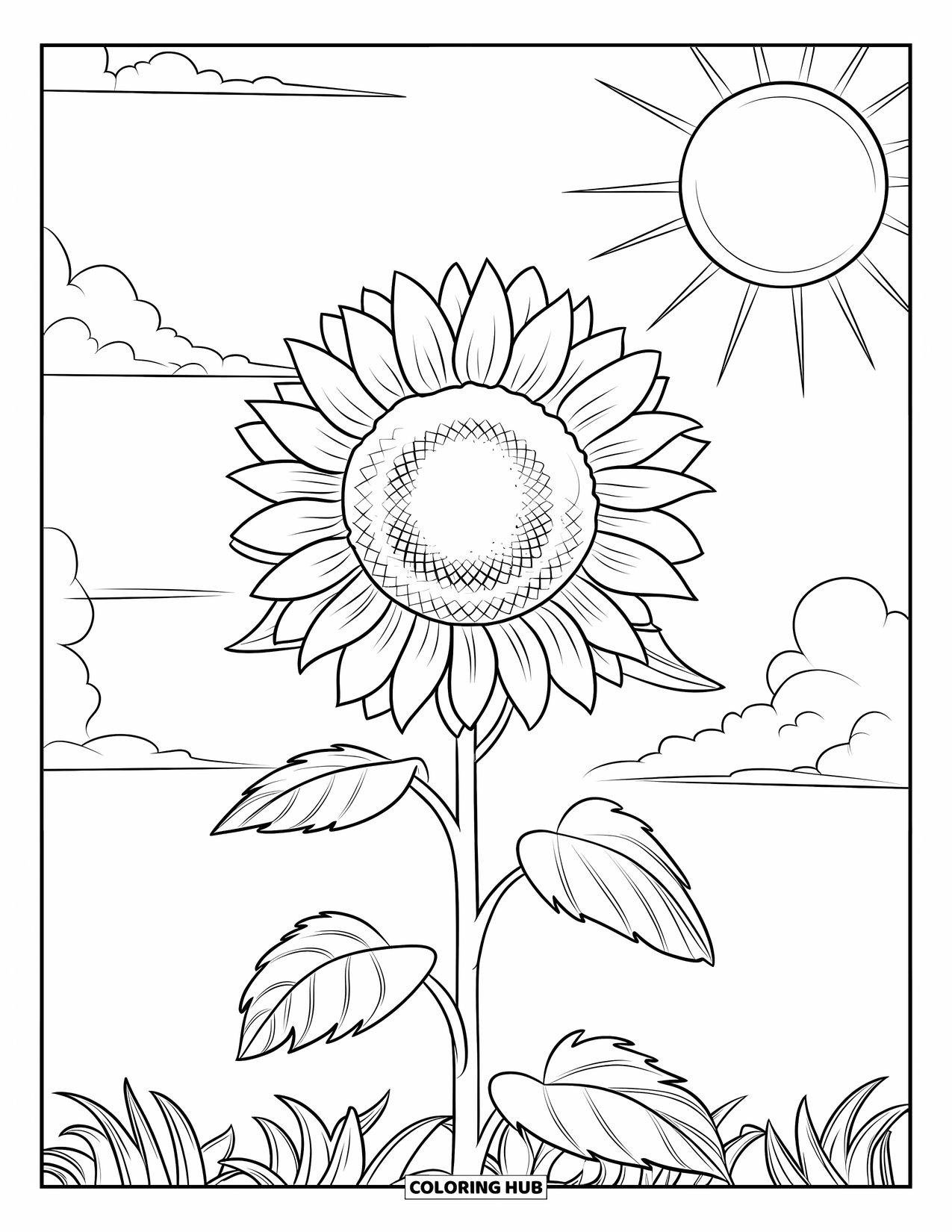 Desen de colorat cu floarea-soarelui pentru copii: O floarea-soarelui înaltă cu petale și frunze texturate sub un cer însorit