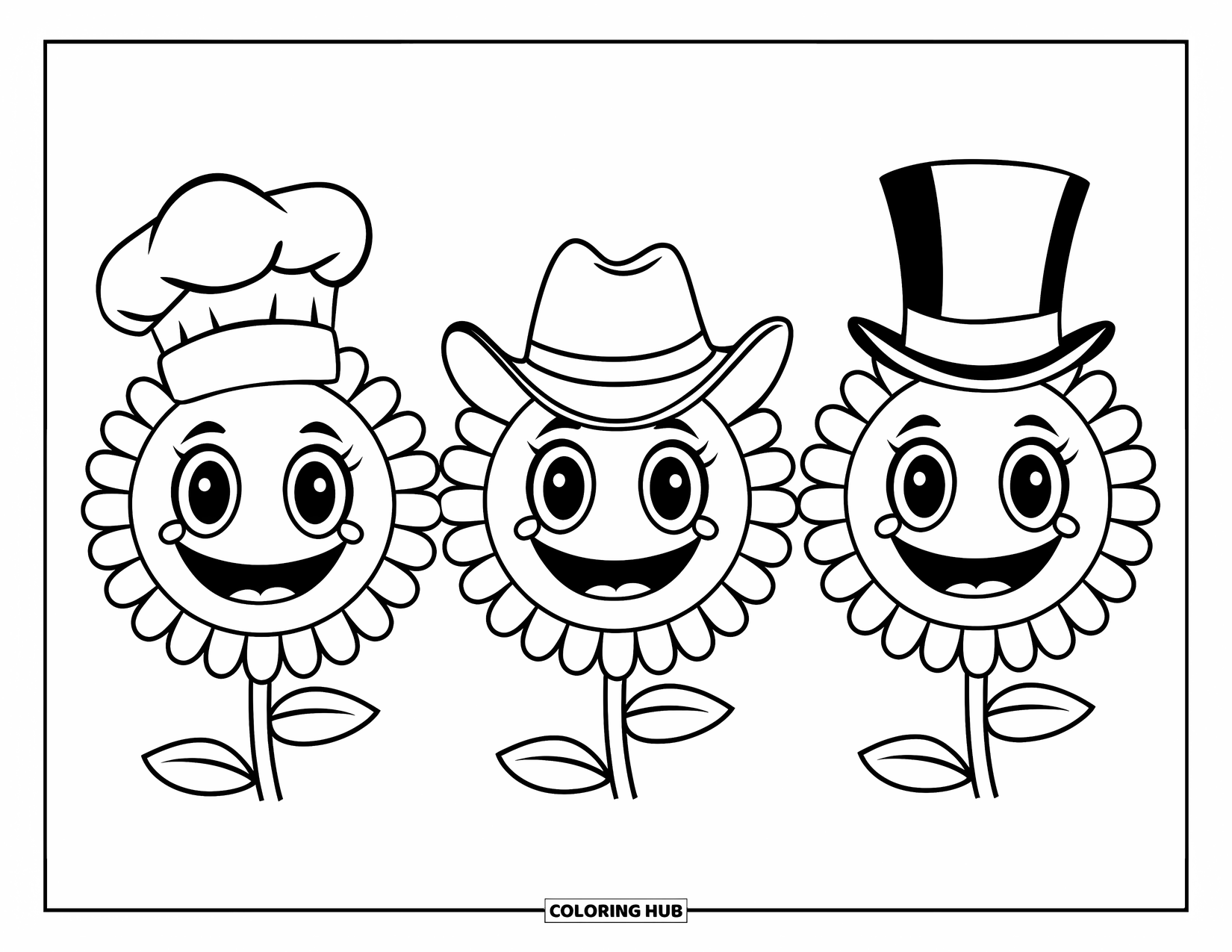 Desen de colorat cu floarea-soarelui pentru copii: Un trio de flori-soarelui cu fețe fericite, purtând pălării jucăușe