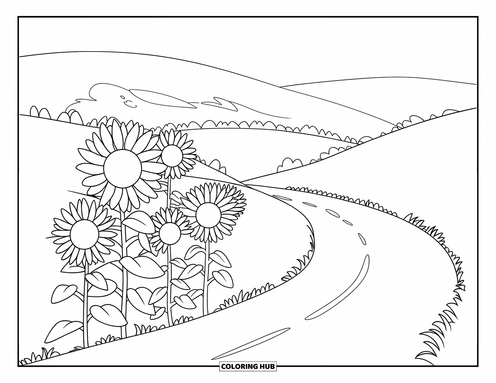 Desen de colorat cu floarea-soarelui pentru copii: O cale întortocheată, mărginită de flori-soarelui, ducând spre dealuri ondulate