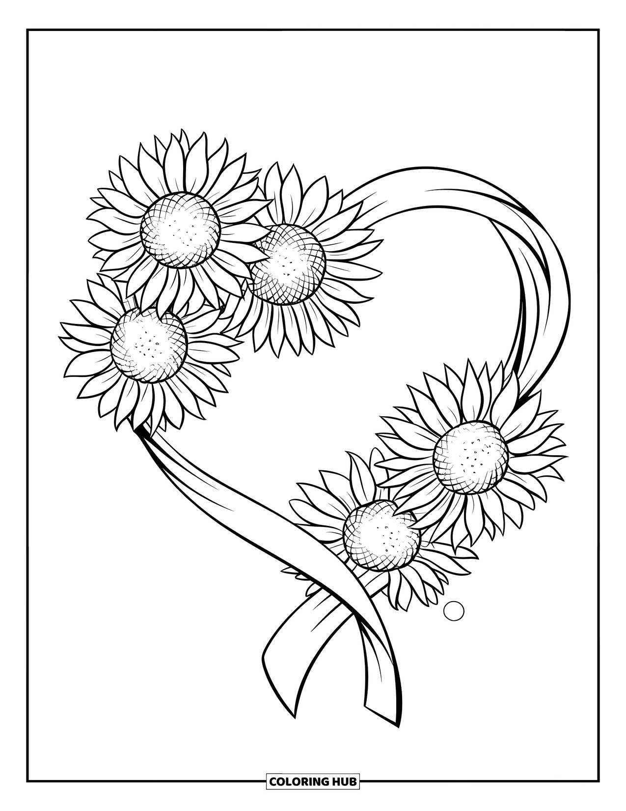 Desen de colorat cu floarea-soarelui pentru copii: Florile-soarelui și o panglică spiralată creează un design în formă de inimă