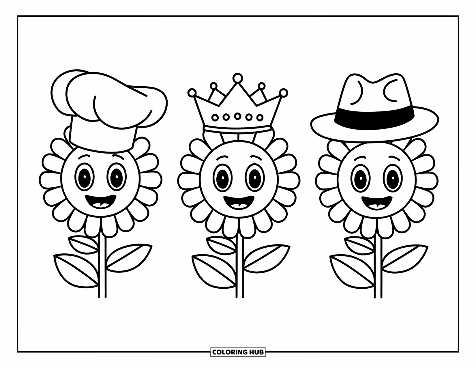 Desen de colorat cu floarea-soarelui pentru copii: Trei flori-soarelui vesele purtând o pălărie de bucătar, o pălărie de cowboy și o coroană