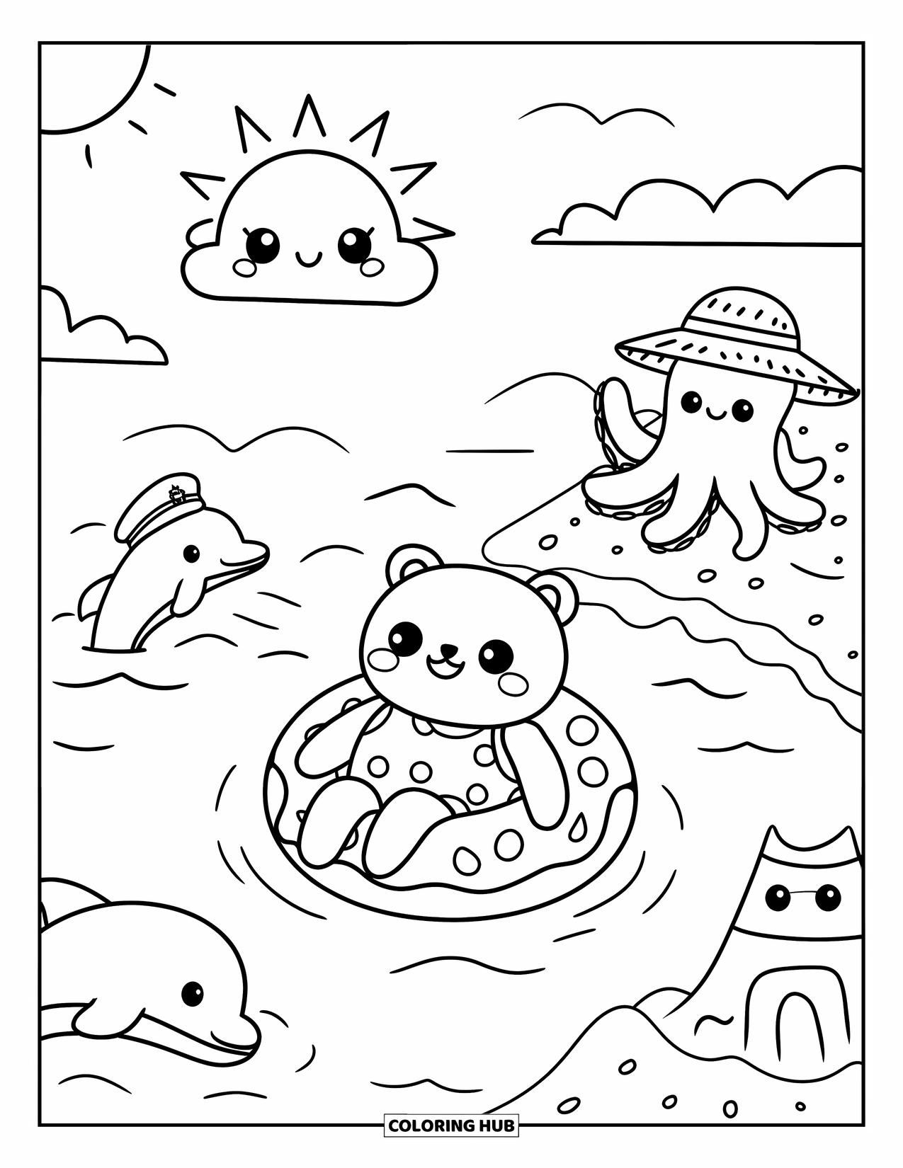 Sonnen Tag Ausmalbild für Erwachsene: Ein Strandtag mit einem Bären, einem Tintenfisch mit Hut und einem neugierigen Delfin