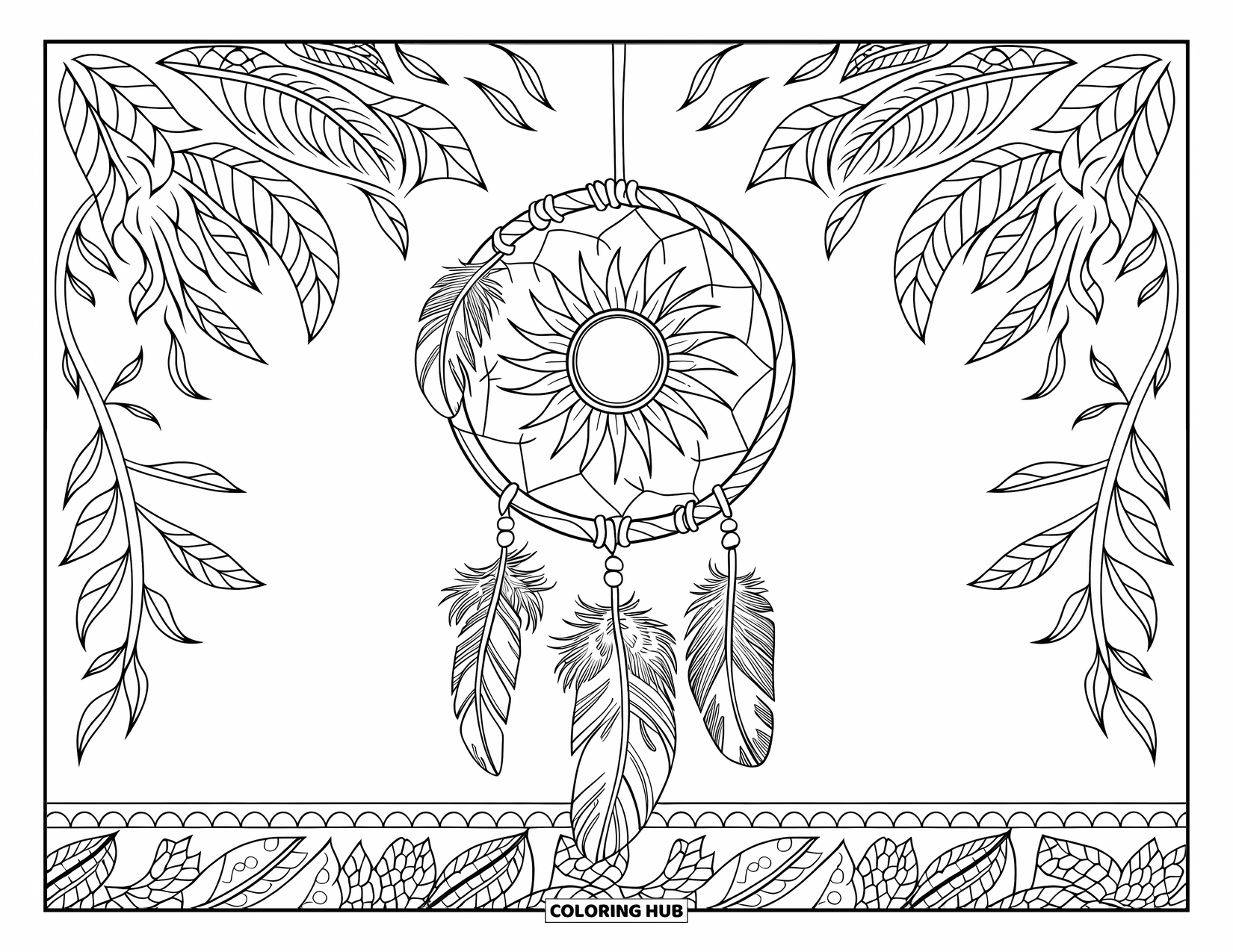 Sonnen Tag Ausmalbild für Erwachsene: Ein Boho-Traumfänger mit Sonnenmotiven und Federn hängt an einem Zweig inmitten von Blattmustern