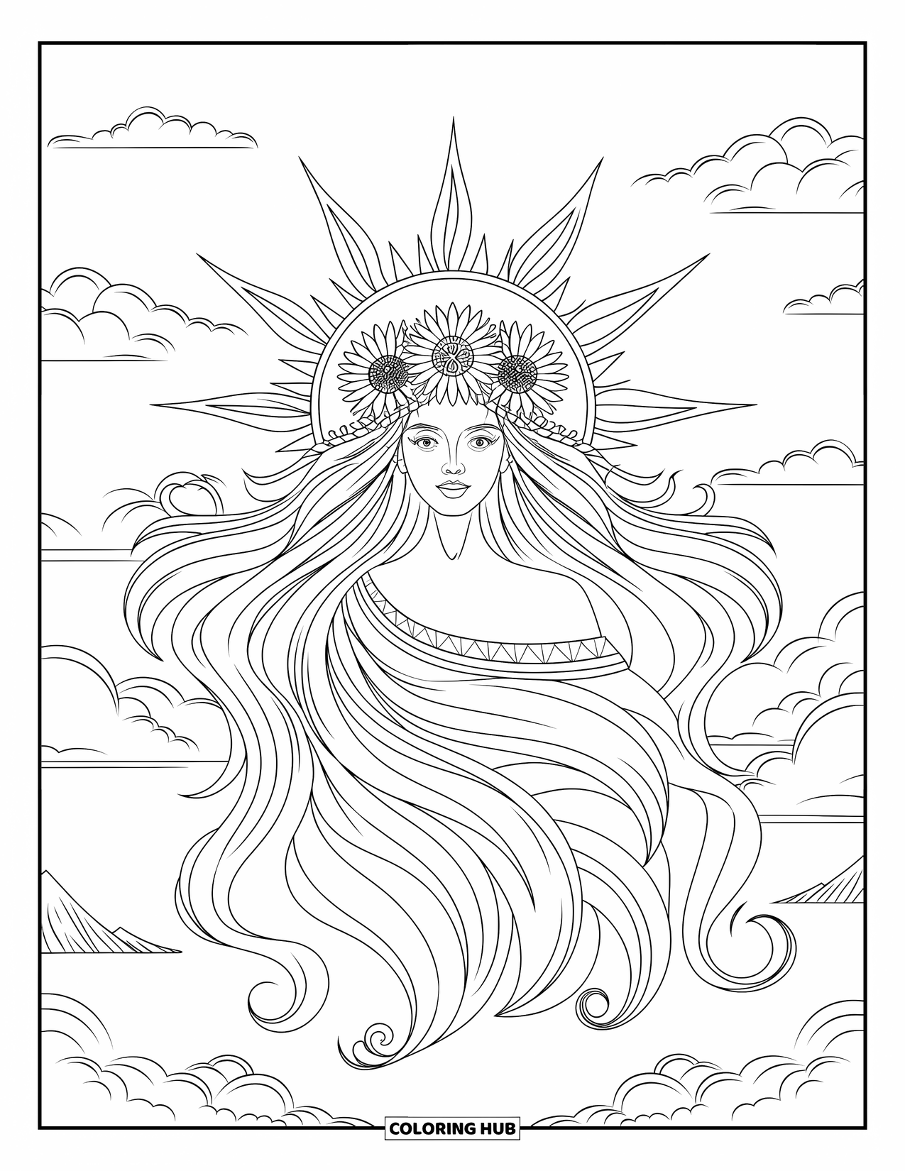 Sonnen Tag Ausmalbild für Erwachsene: Eine himmlische Sonnengöttin mit fließendem Haar in Form von Sonnenstrahlen und treibenden Wolken