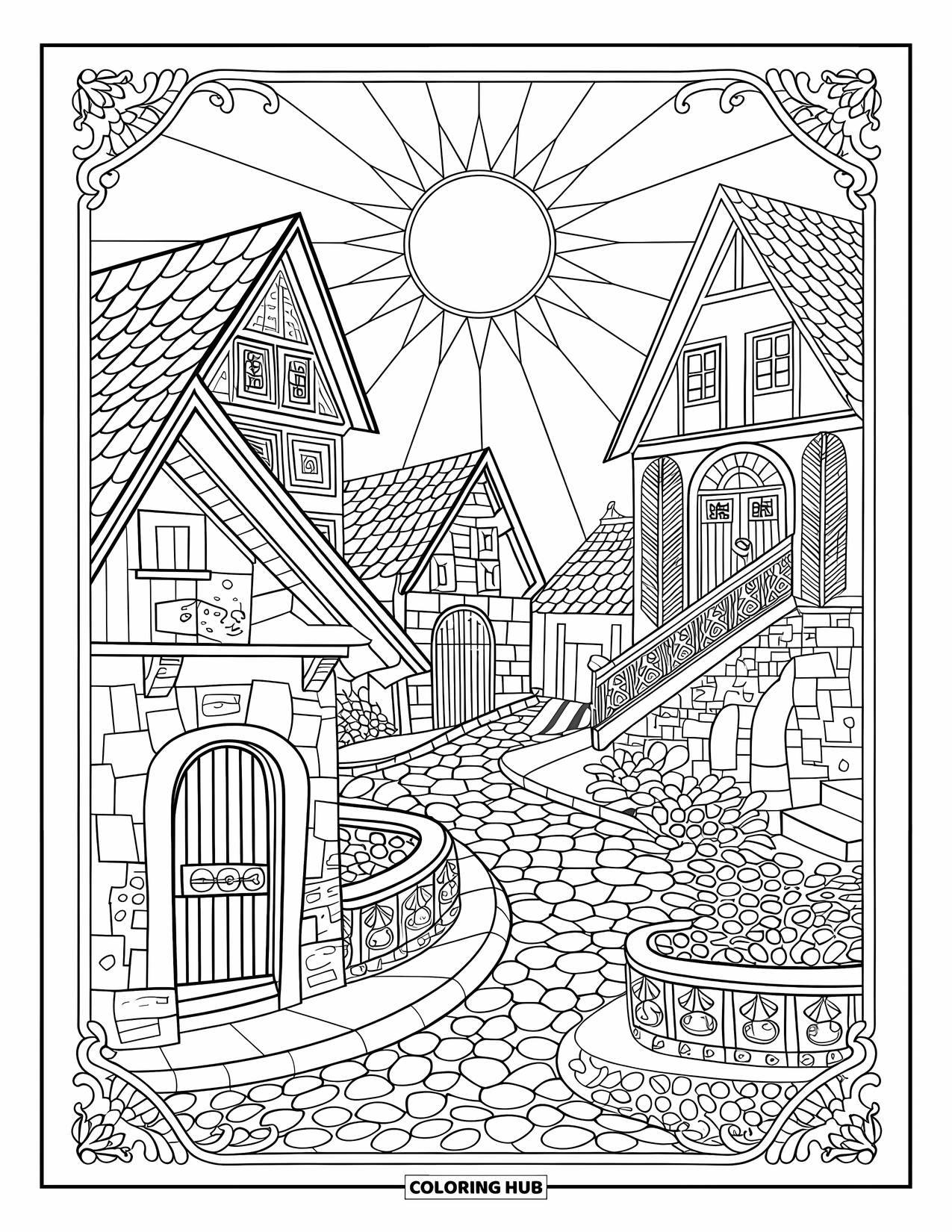 Sonnen Tag Ausmalbild für Erwachsene: Ein charmantes Dorf aus der alten Welt mit Steinstraßen, winzigen Häusern und kunstvollen architektonischen Details