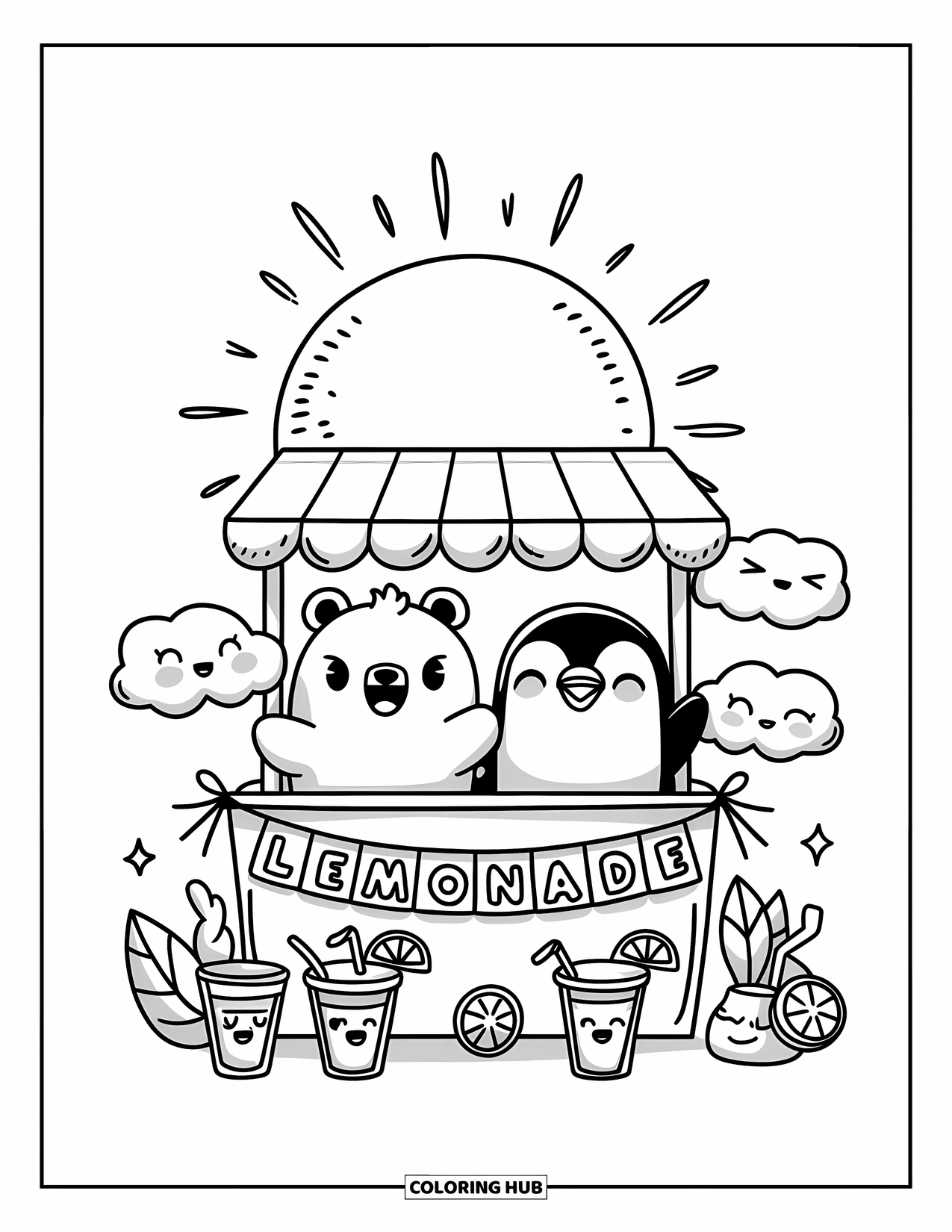 Sonnen Tag Ausmalbild für Erwachsene: Ein fröhlicher Limonadenstand, der von einem Bären und einem Pinguin betrieben wird und verspielten Wolken Getränke serviert