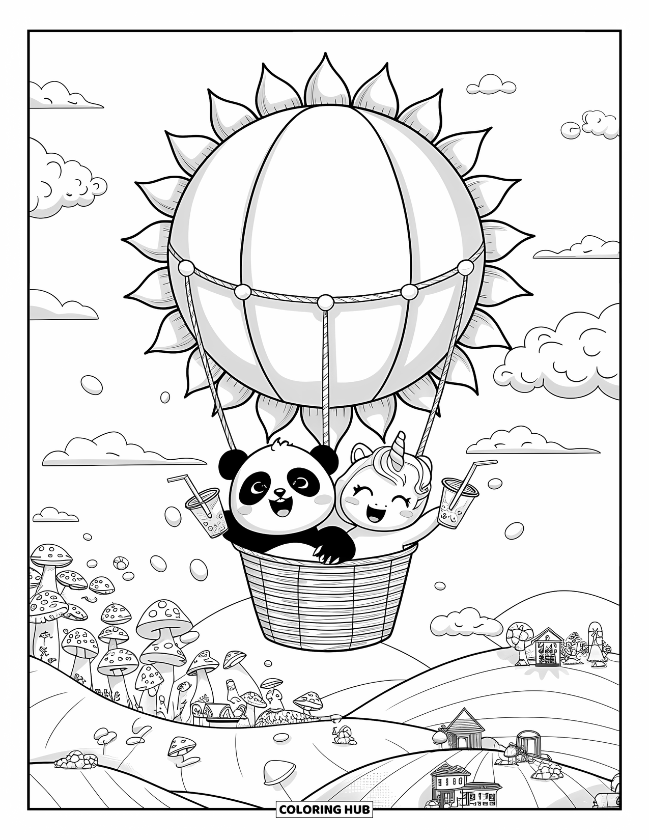 Sonnen Tag Ausmalbild für Erwachsene: Ein pummeliger Sonnenballon schwebt über eine skurrile Landschaft, während seine Passagiere die Fahrt genießen