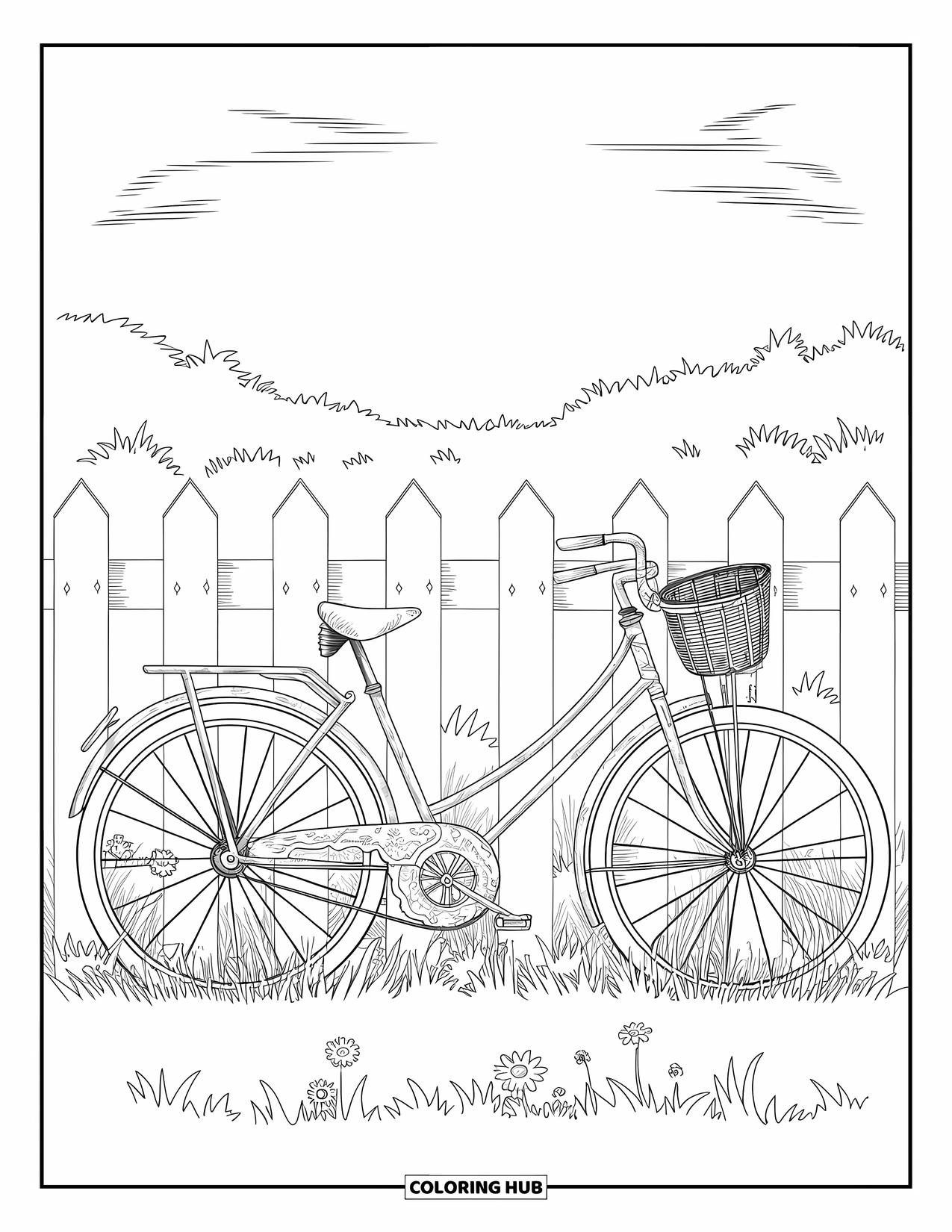 Sonnen Tag Ausmalbild für Erwachsene: Ein klassisches Fahrrad mit einem Korb lehnt an einem Holzzaun in einem friedlichen Feld